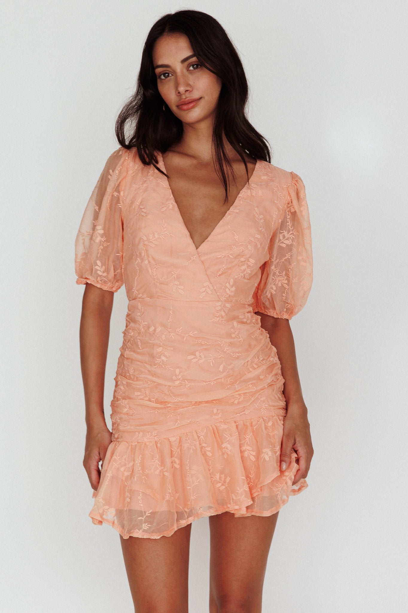Cherry Blossom Puff Sleeve Wide Ruffle Hem Dress Orange-Maymioy