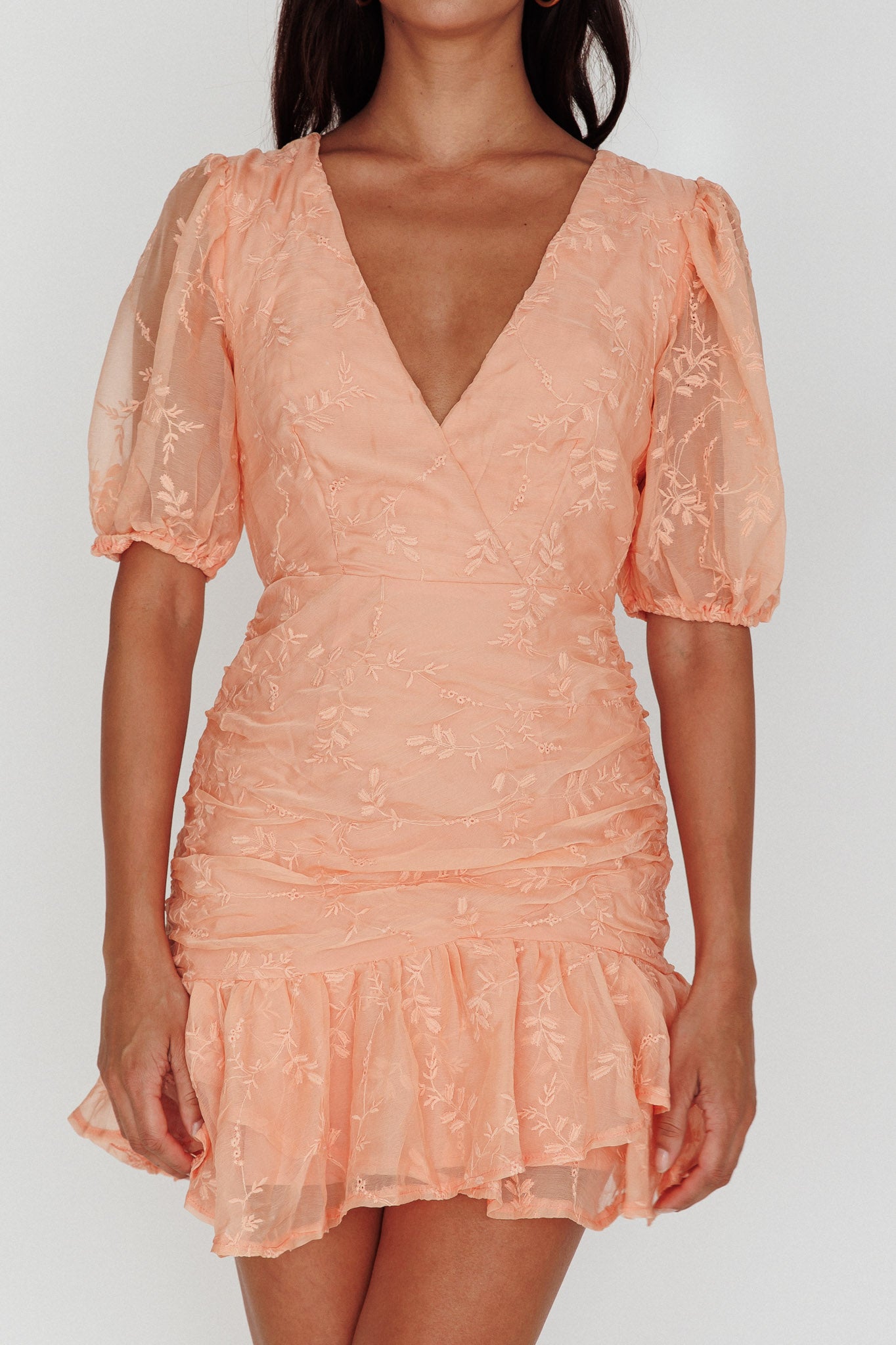 Cherry Blossom Puff Sleeve Wide Ruffle Hem Dress Orange-Maymioy