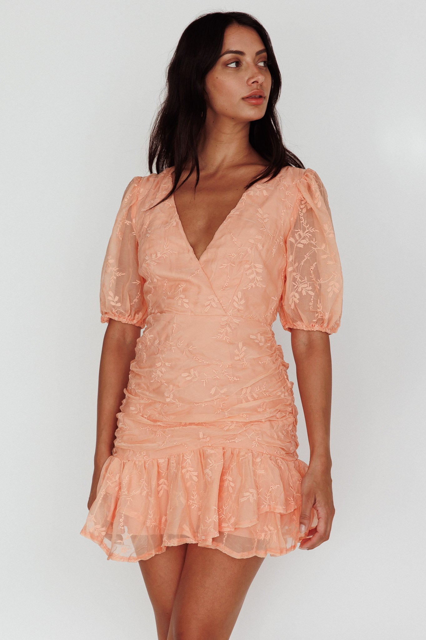 Cherry Blossom Puff Sleeve Wide Ruffle Hem Dress Orange-Maymioy