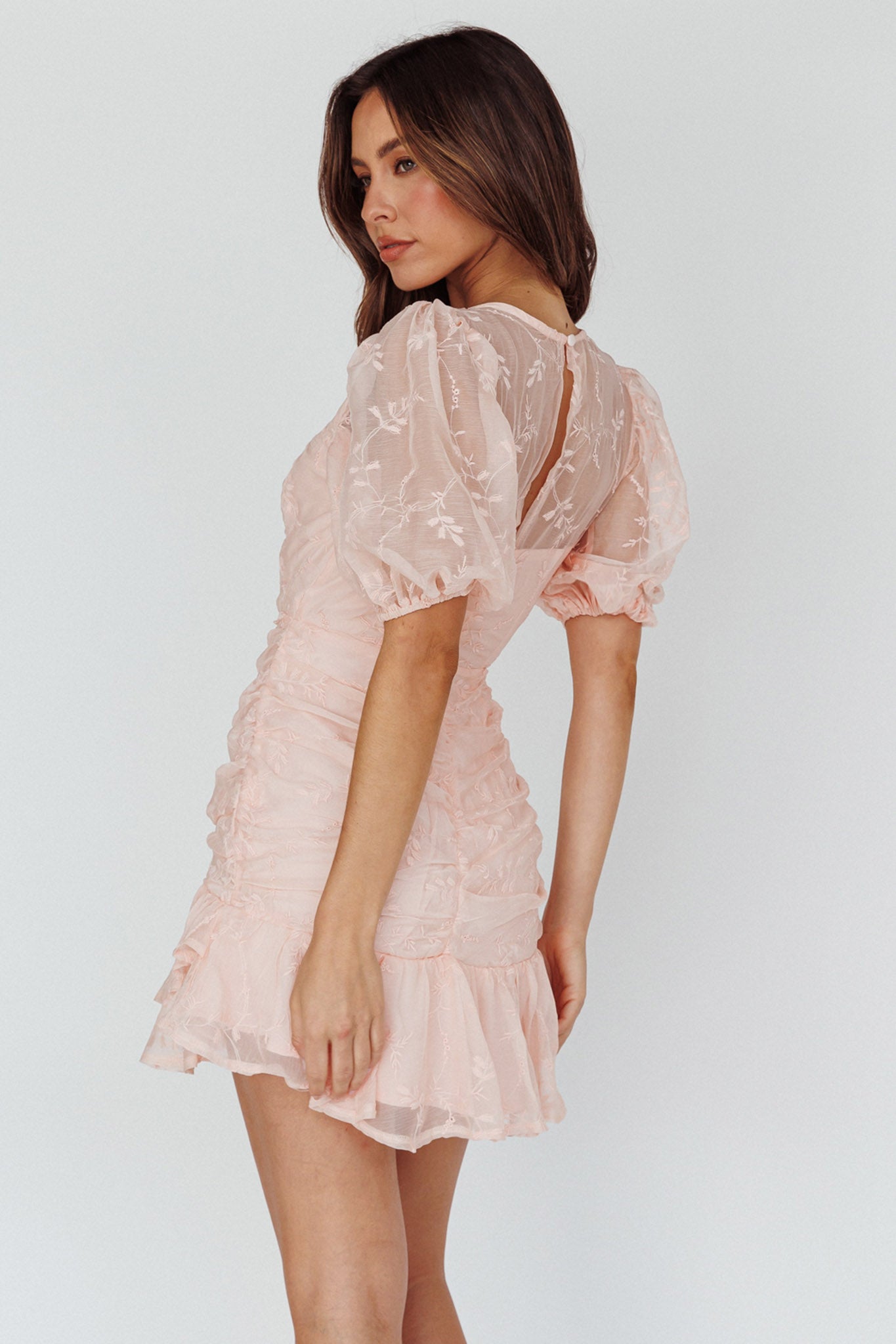 Cherry Blossom Puff Sleeve Wide Ruffle Hem Dress Pink-Maymioy