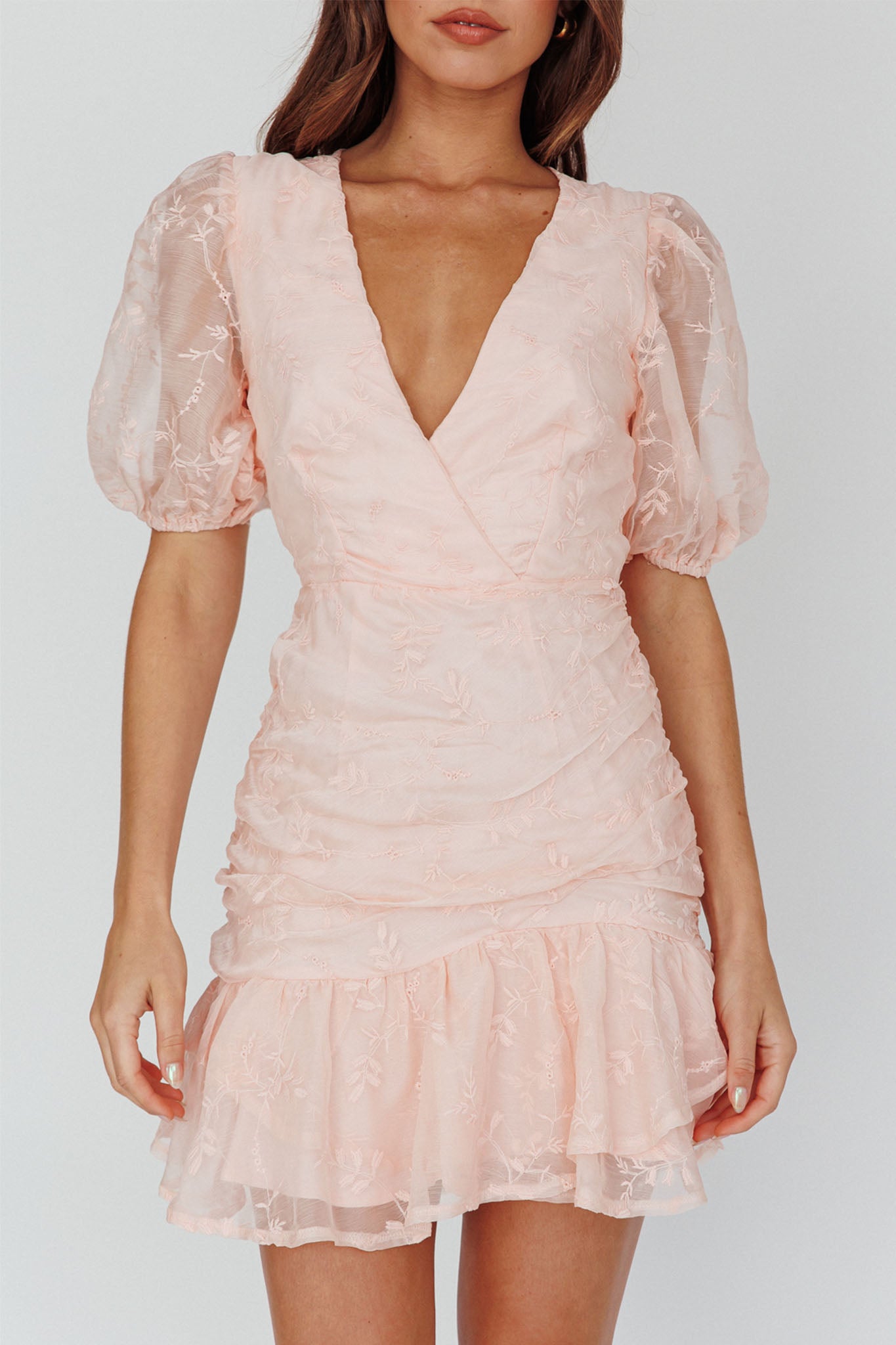 Cherry Blossom Puff Sleeve Wide Ruffle Hem Dress Pink-Maymioy