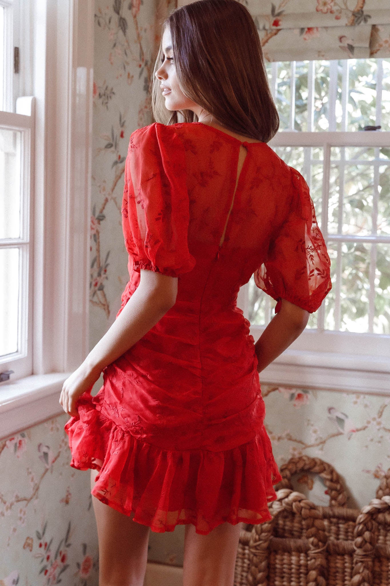 Cherry Blossom Puff Sleeve Wide Ruffle Hem Dress Red-Maymioy