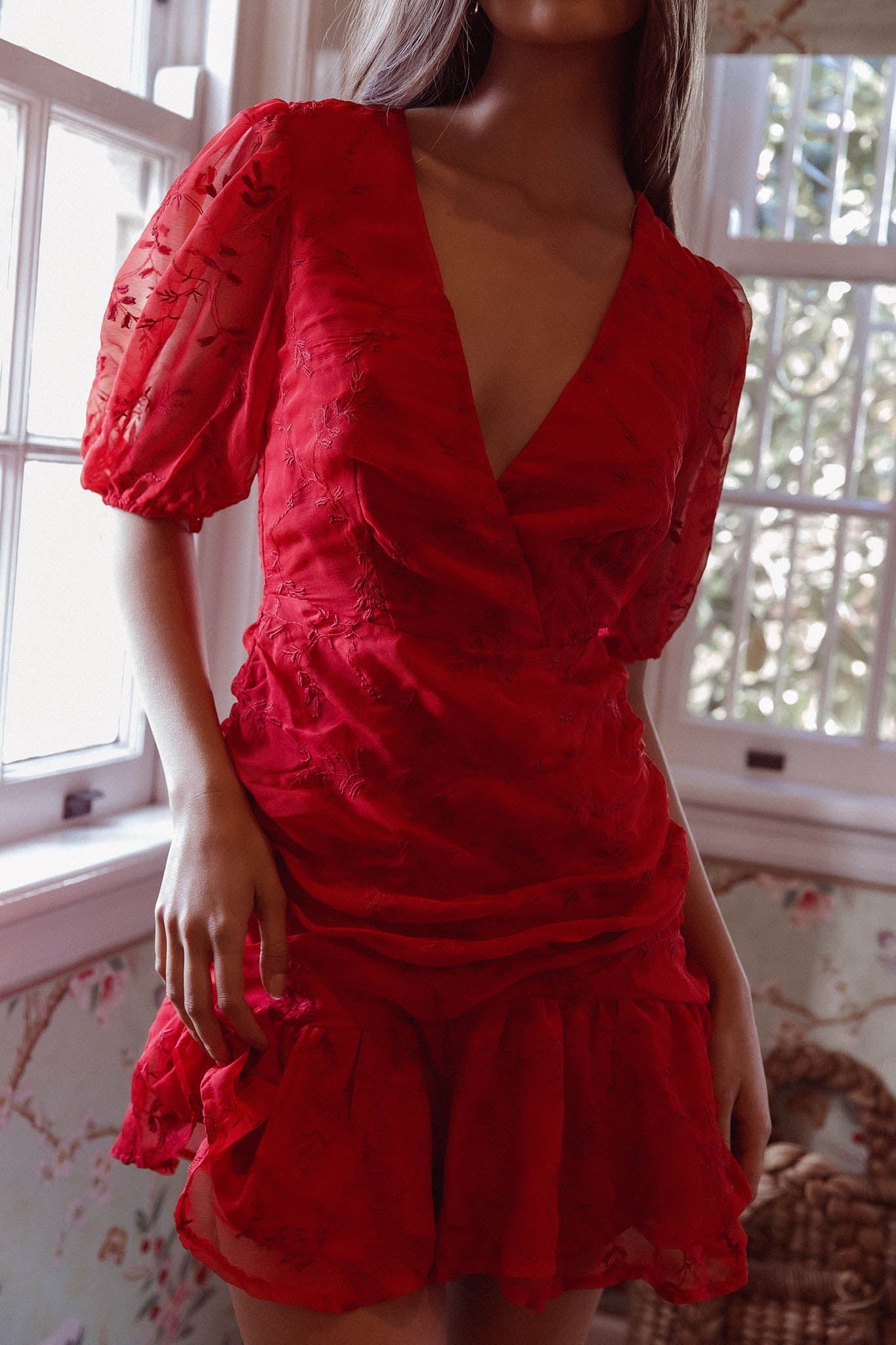 Cherry Blossom Puff Sleeve Wide Ruffle Hem Dress Red-Maymioy