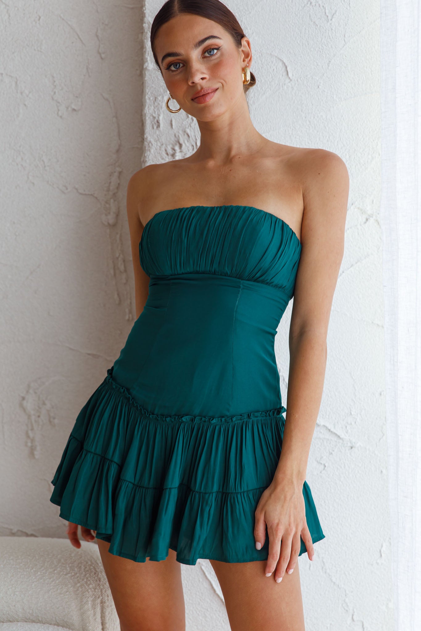 On A Whim Strapless Dropped Waist Dress Forest Green-Maymioy