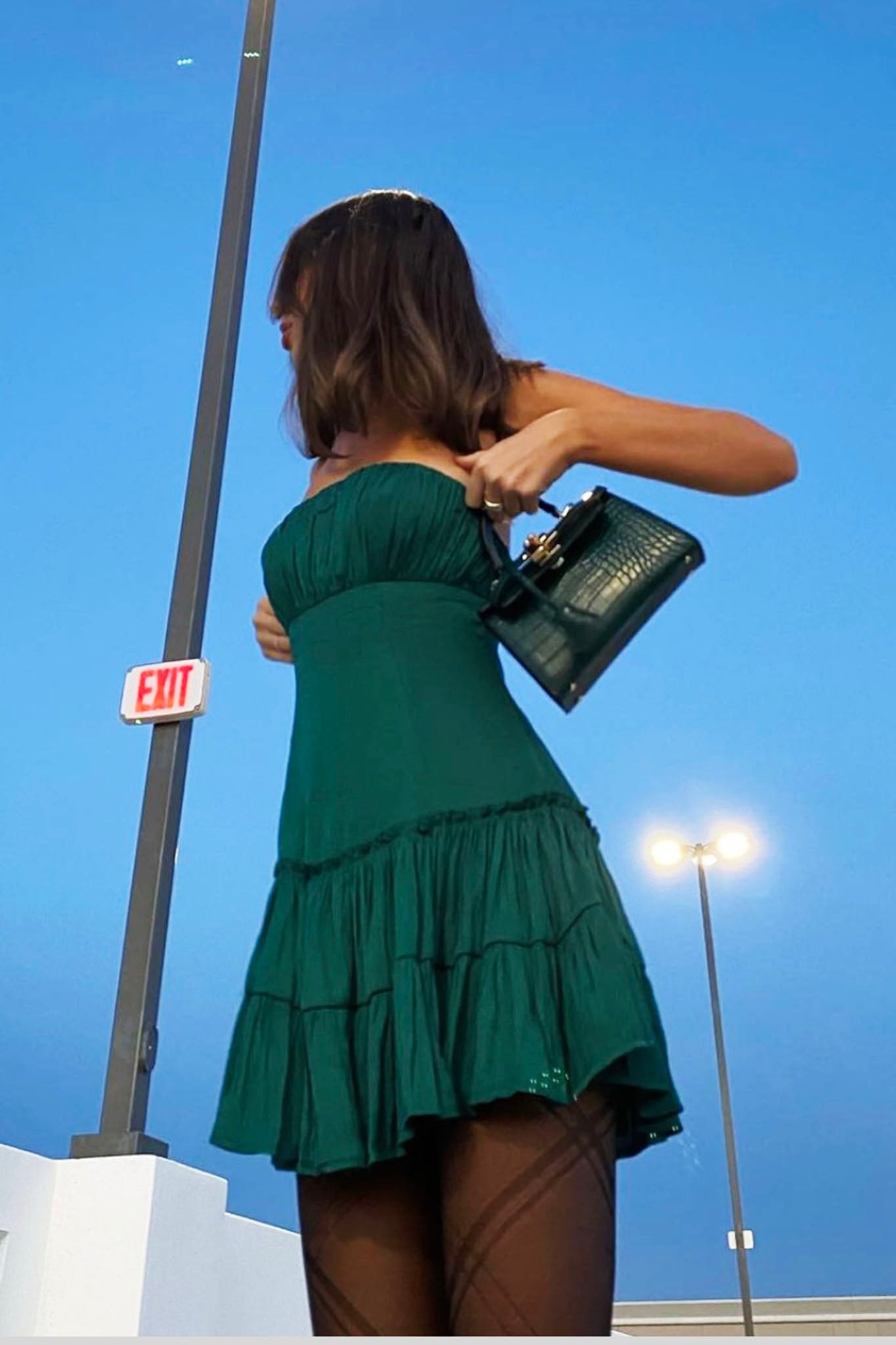 On A Whim Strapless Dropped Waist Dress Forest Green-Maymioy