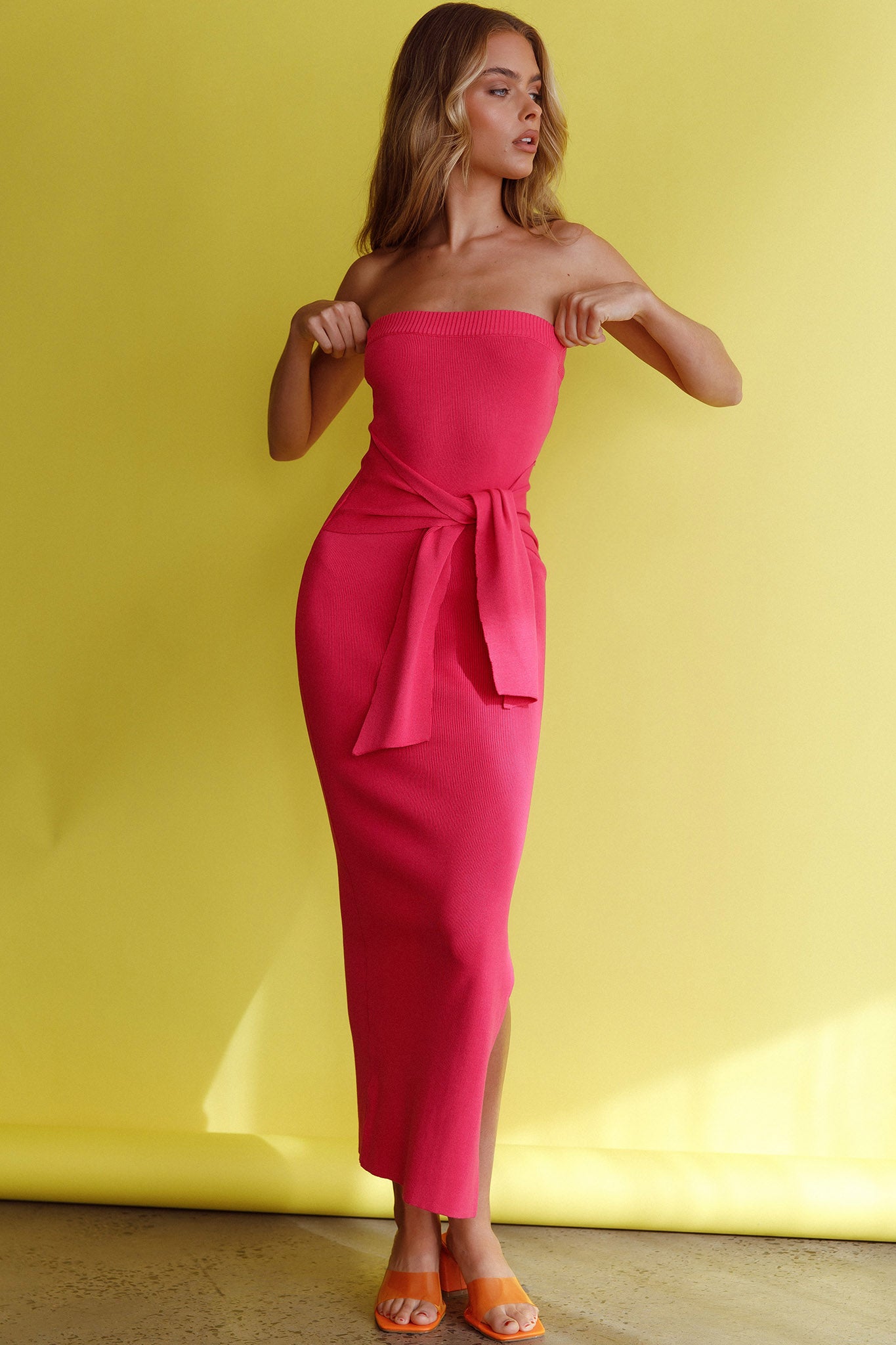 Told You So Strapless Waist Tie Knit Maxi Dress Hot Pink-Maymioy