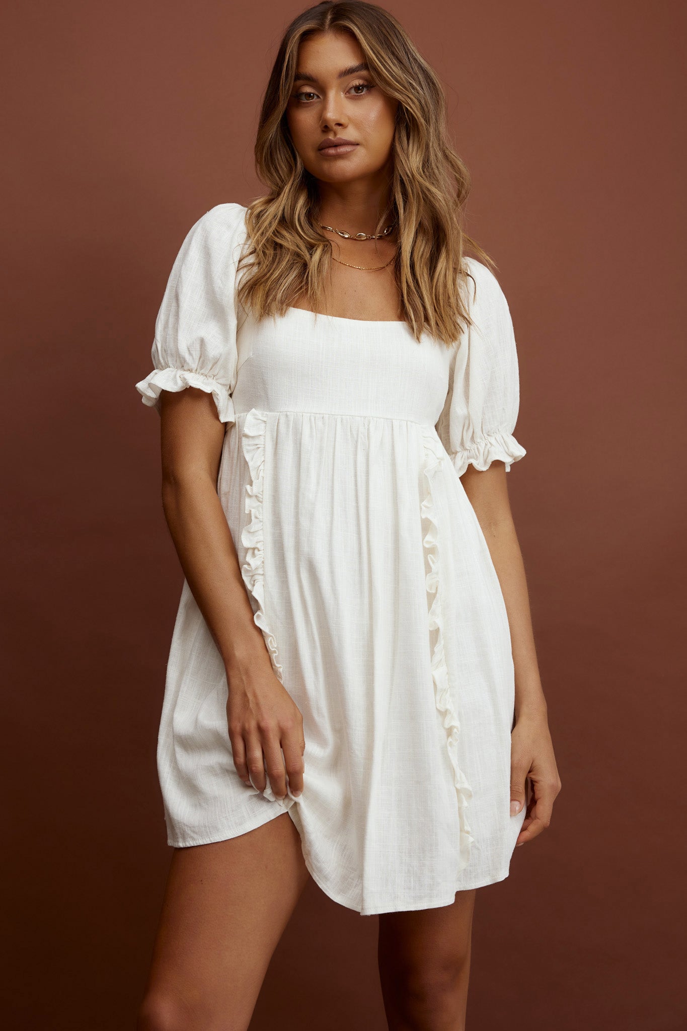 Macedonia Puff Sleeve Babydoll Dress Cream-Maymioy