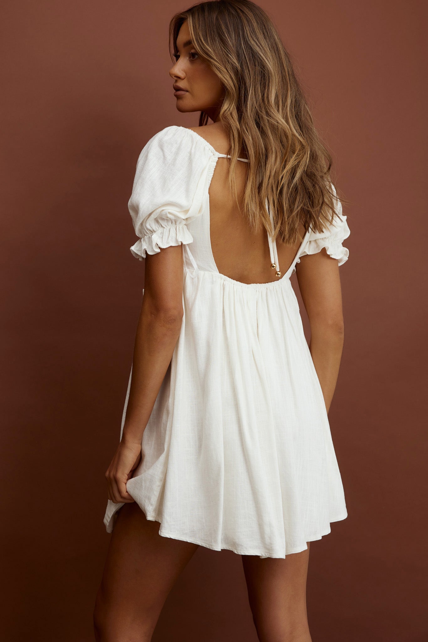 Macedonia Puff Sleeve Babydoll Dress Cream-Maymioy