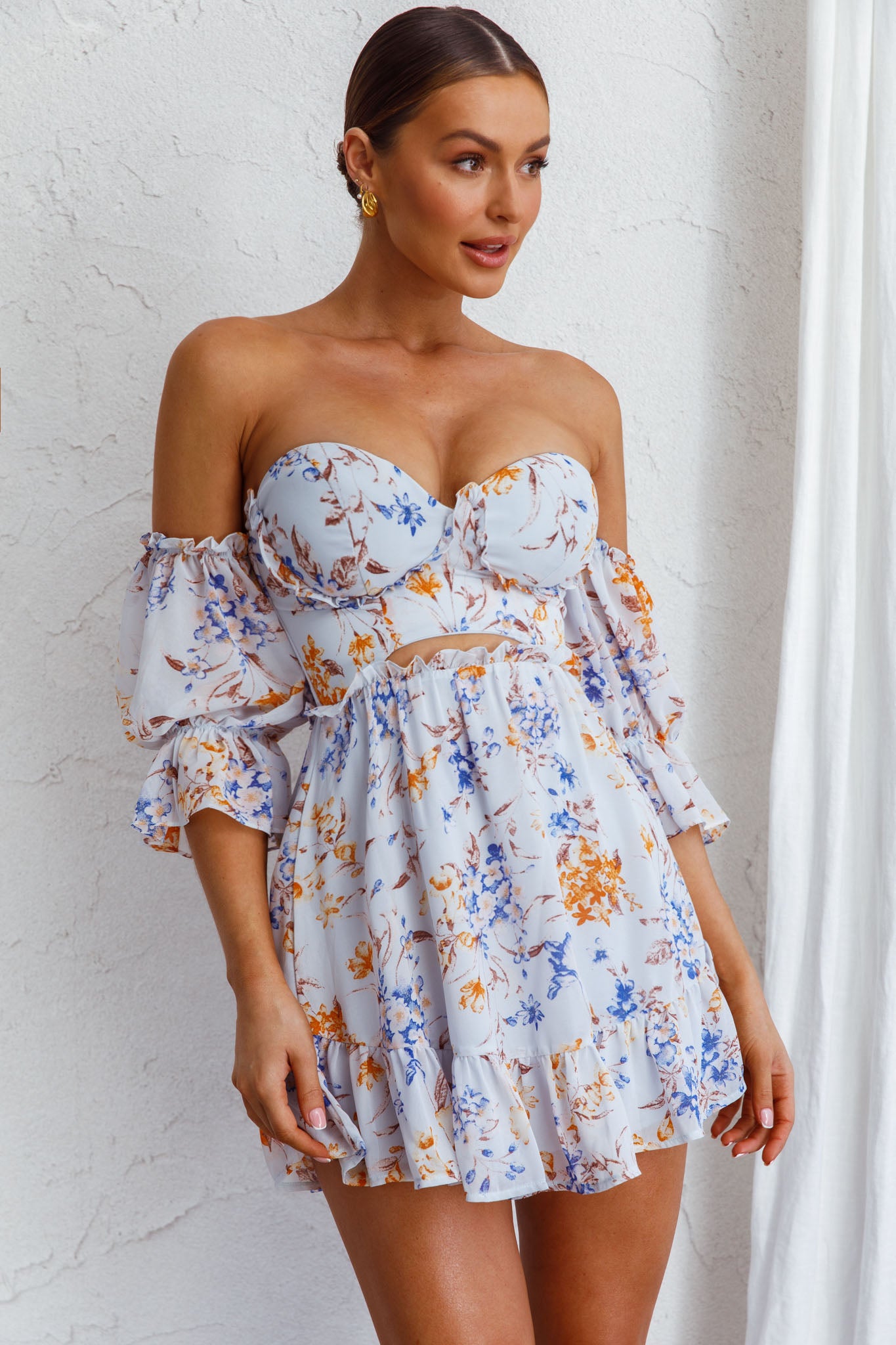 Ianthe Off-Shoulder Puff Sleeve Dress Floral Mint-Maymioy