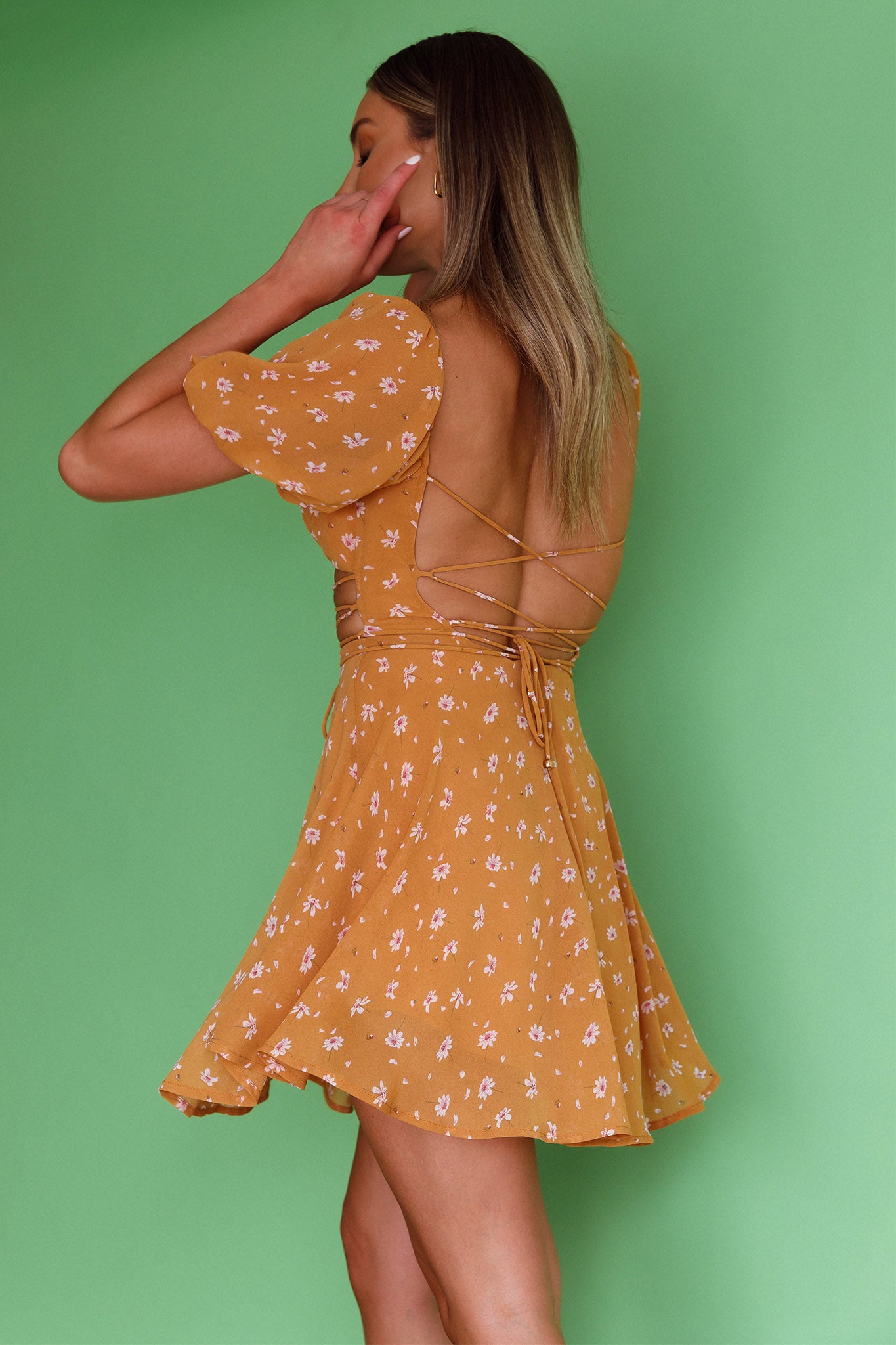 Full Hearts Lace-Up Waist Dress Floral Orange-Maymioy