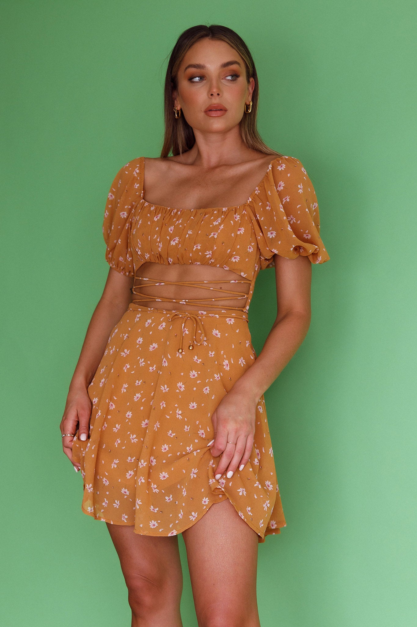 Full Hearts Lace-Up Waist Dress Floral Orange-Maymioy