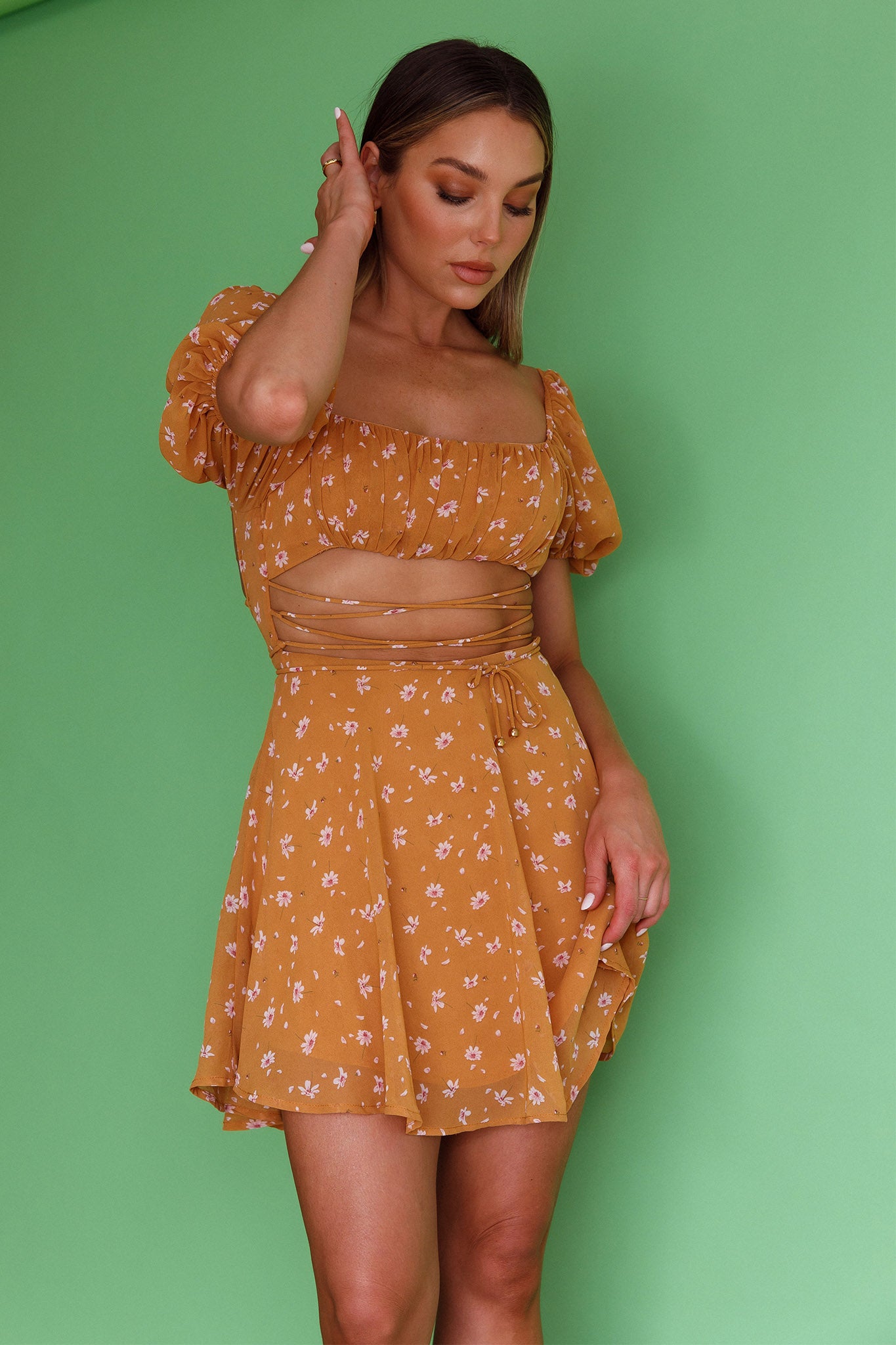 Full Hearts Lace-Up Waist Dress Floral Orange-Maymioy