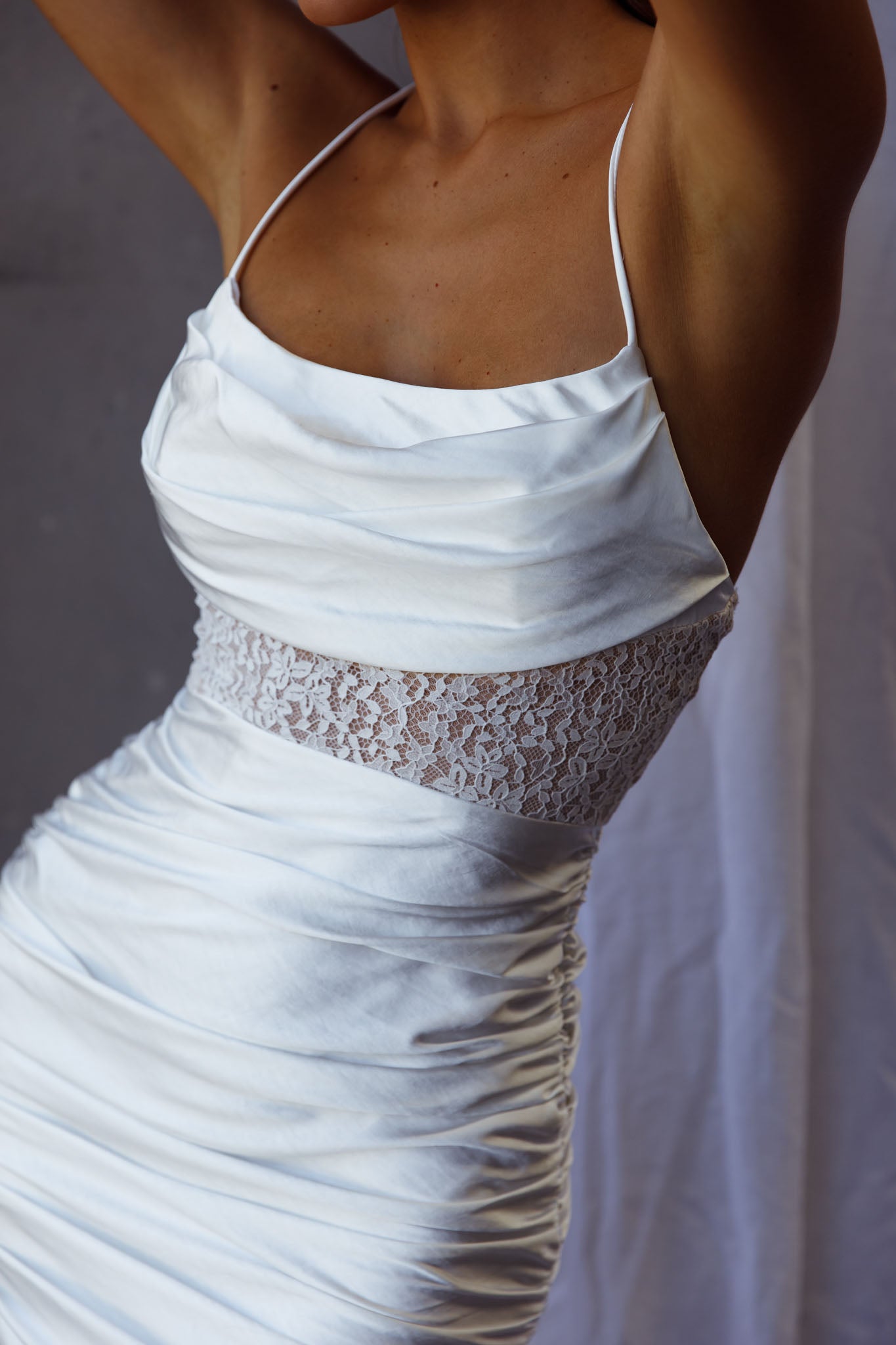 Golden Era Cowl Neck Lace Waist Ruched Mini Dress White-Maymioy