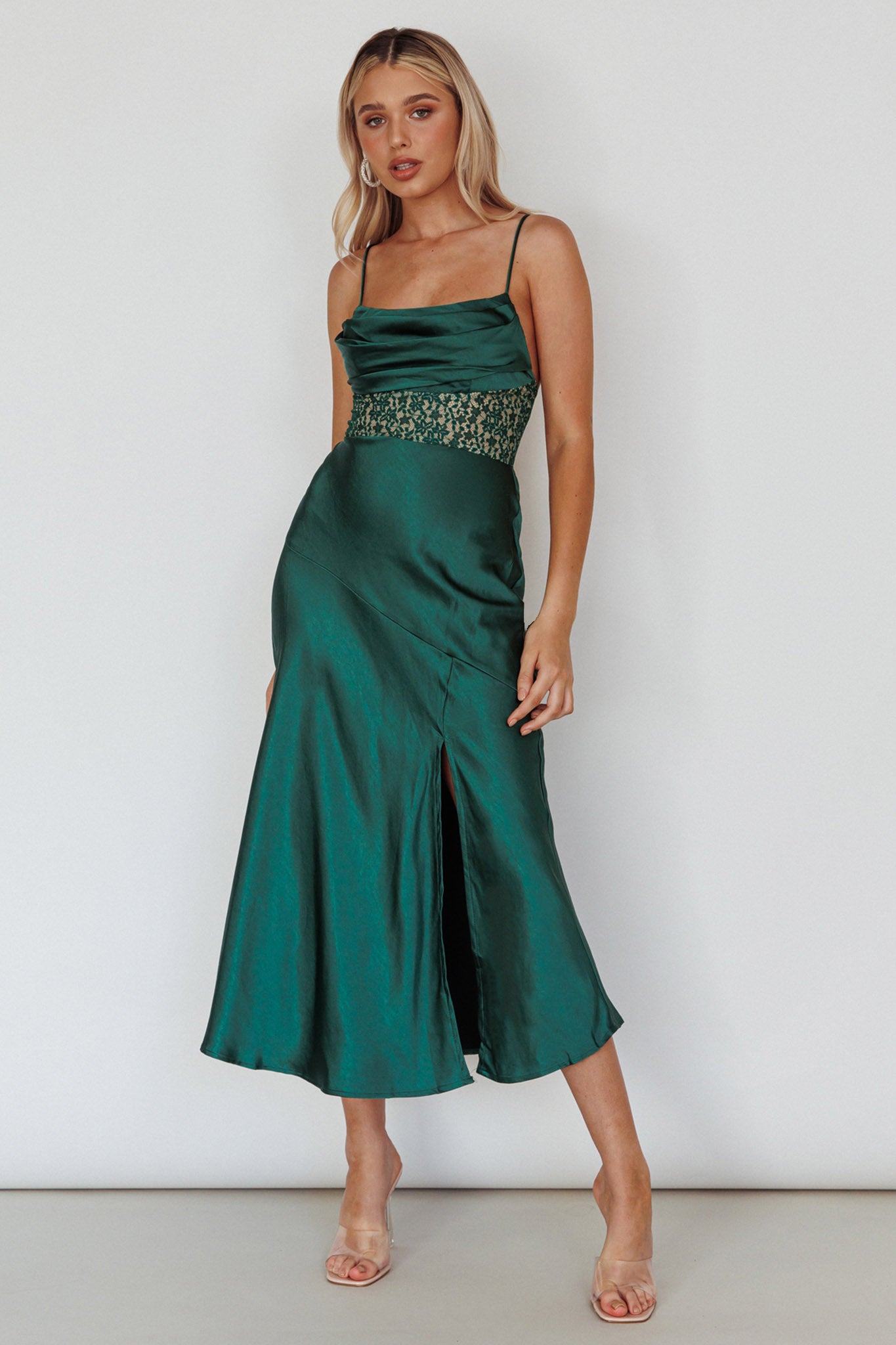 Golden Era Cowl Neck Lace Waist Midi Dress Jade-Maymioy