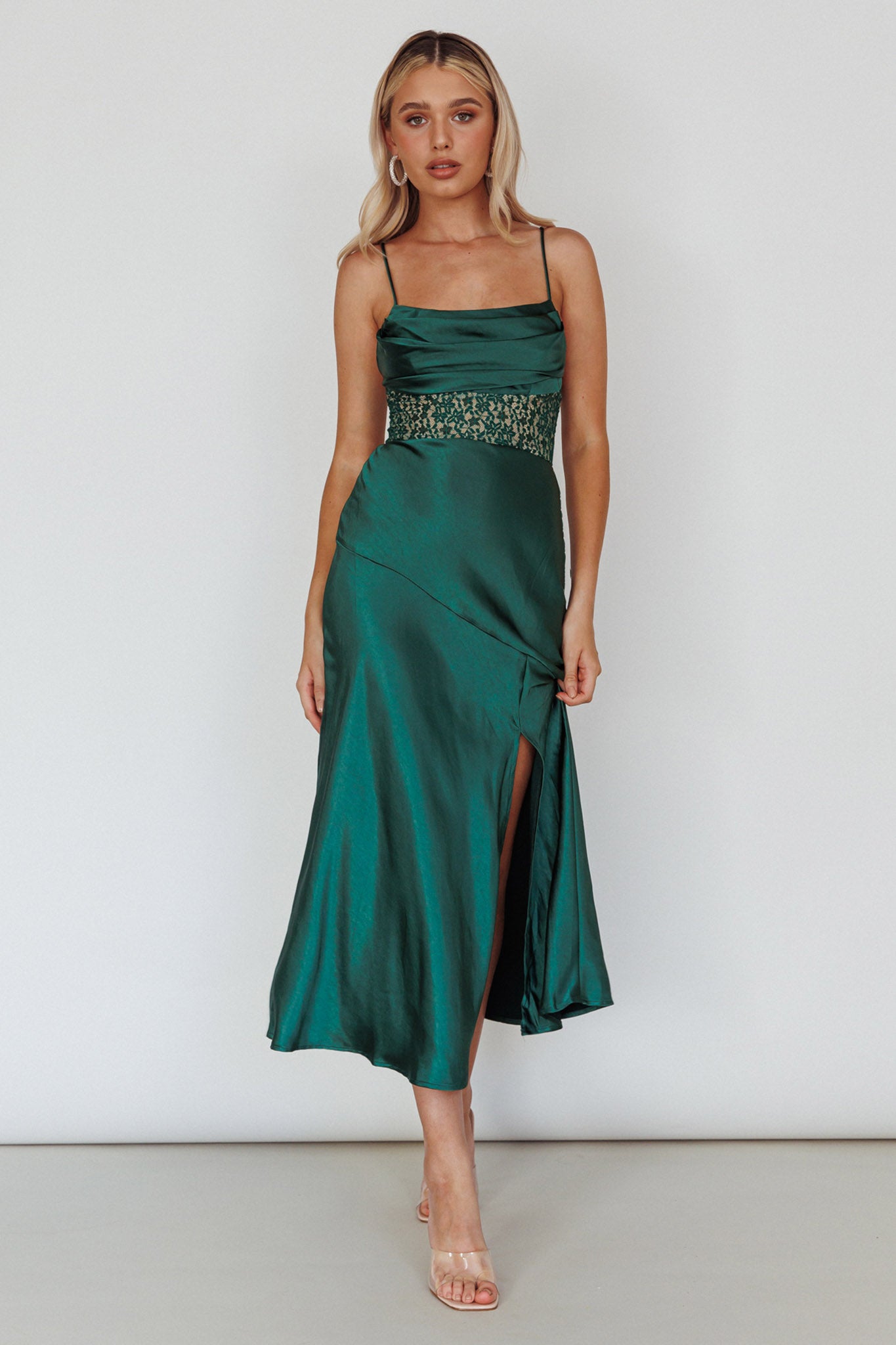 Golden Era Cowl Neck Lace Waist Midi Dress Jade-Maymioy