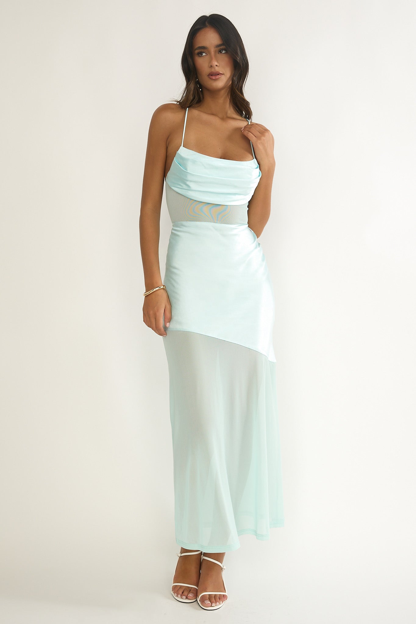 Golden Era Sheer Waist Maxi Dress Aqua Blue-Maymioy