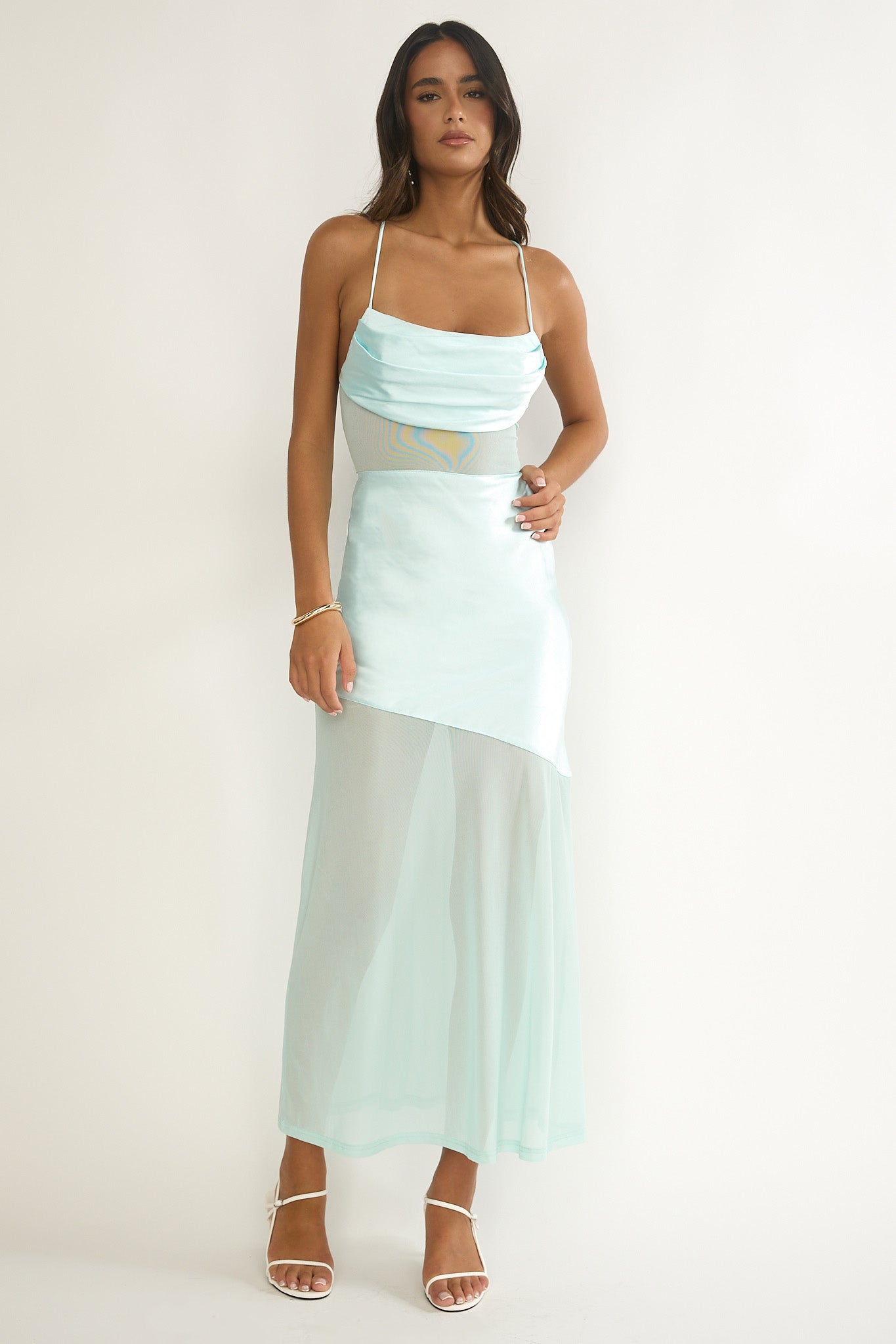 Golden Era Sheer Waist Maxi Dress Aqua Blue-Maymioy
