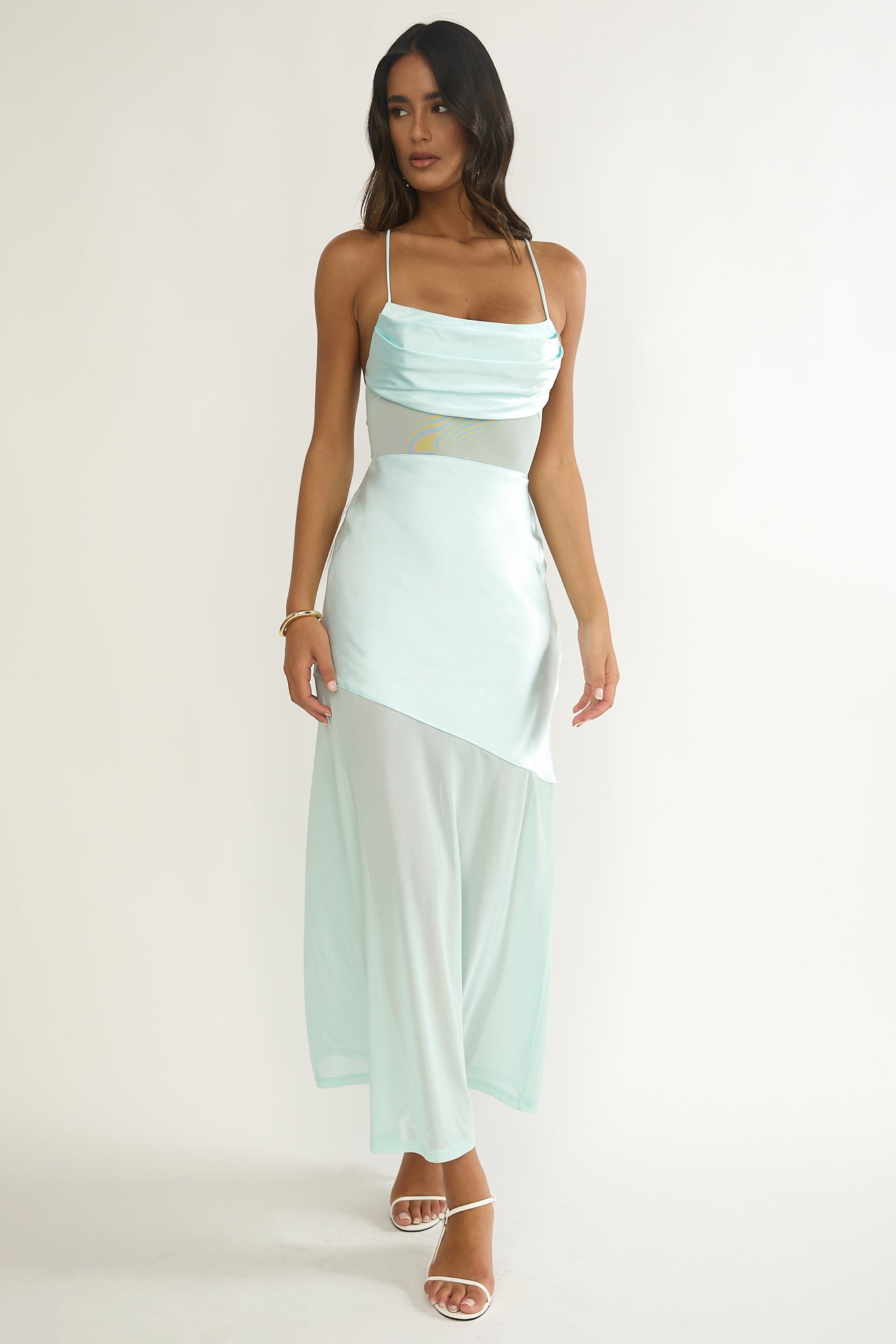 Golden Era Sheer Waist Maxi Dress Aqua Blue-Maymioy