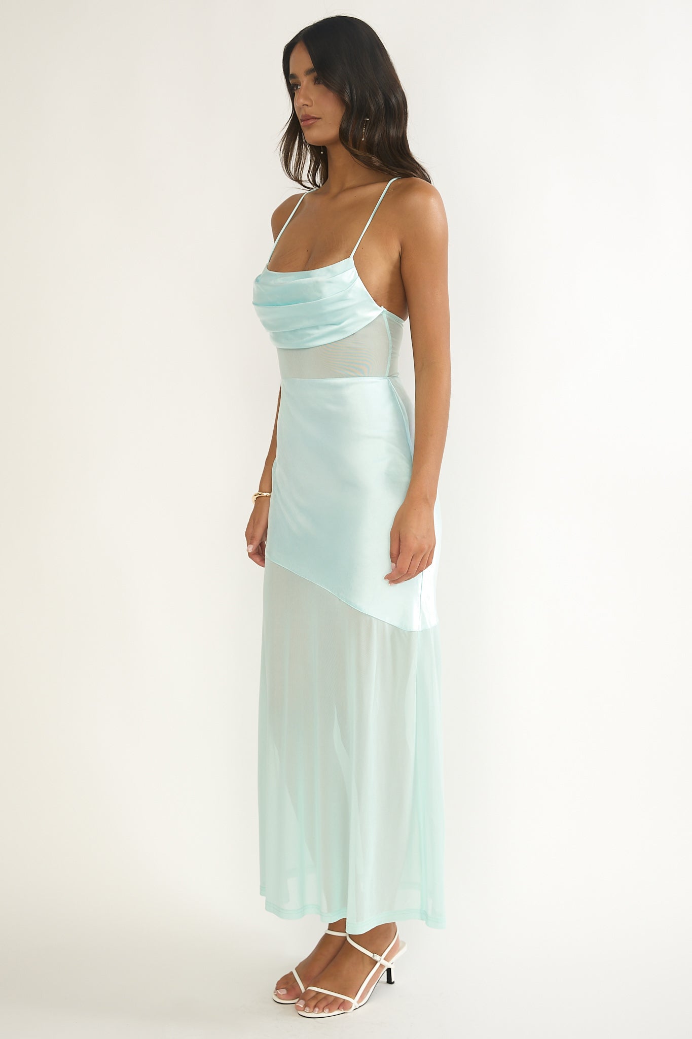 Golden Era Sheer Waist Maxi Dress Aqua Blue-Maymioy