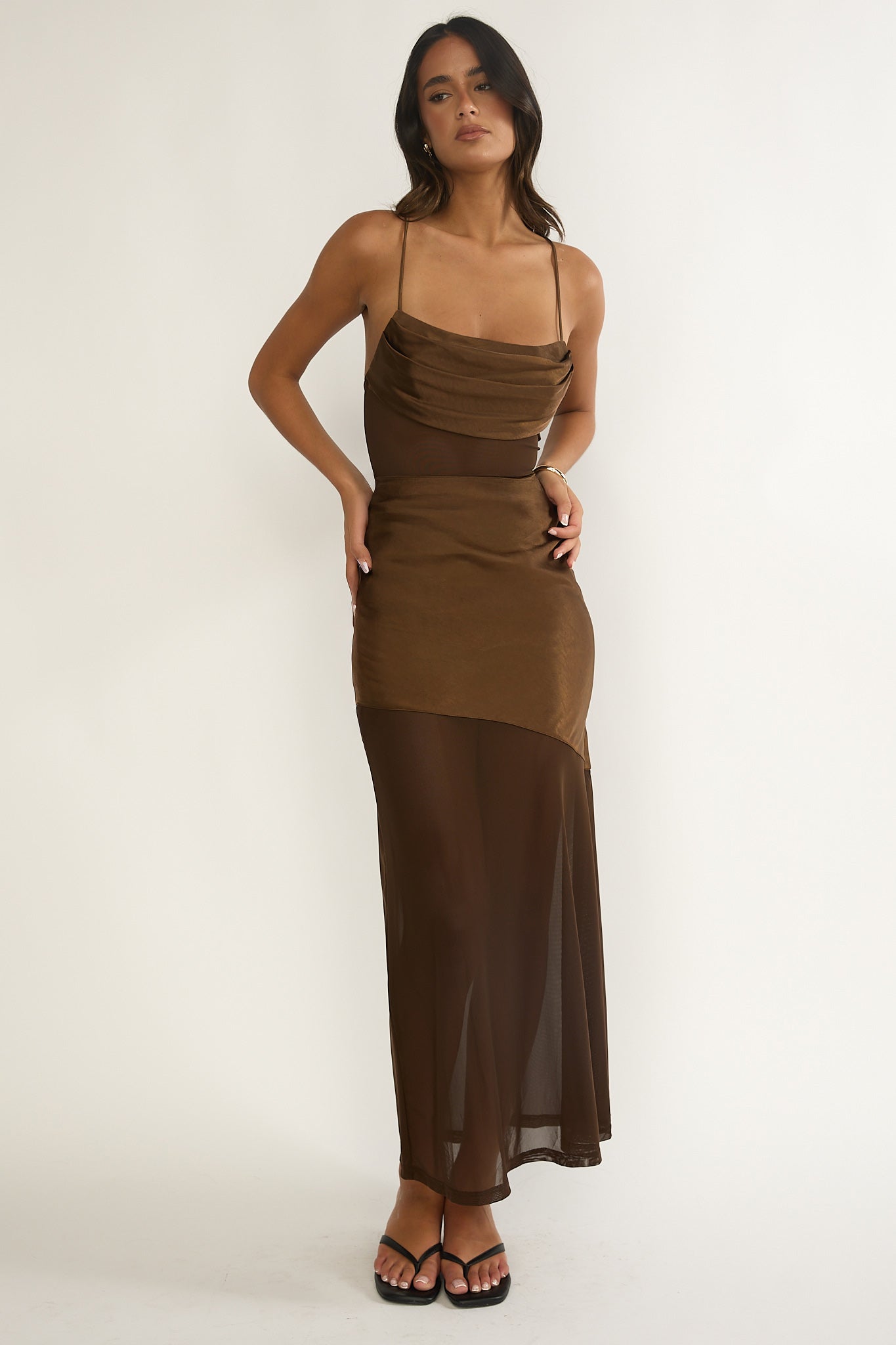Golden Era Sheer Waist Maxi Dress Chocolate-Maymioy