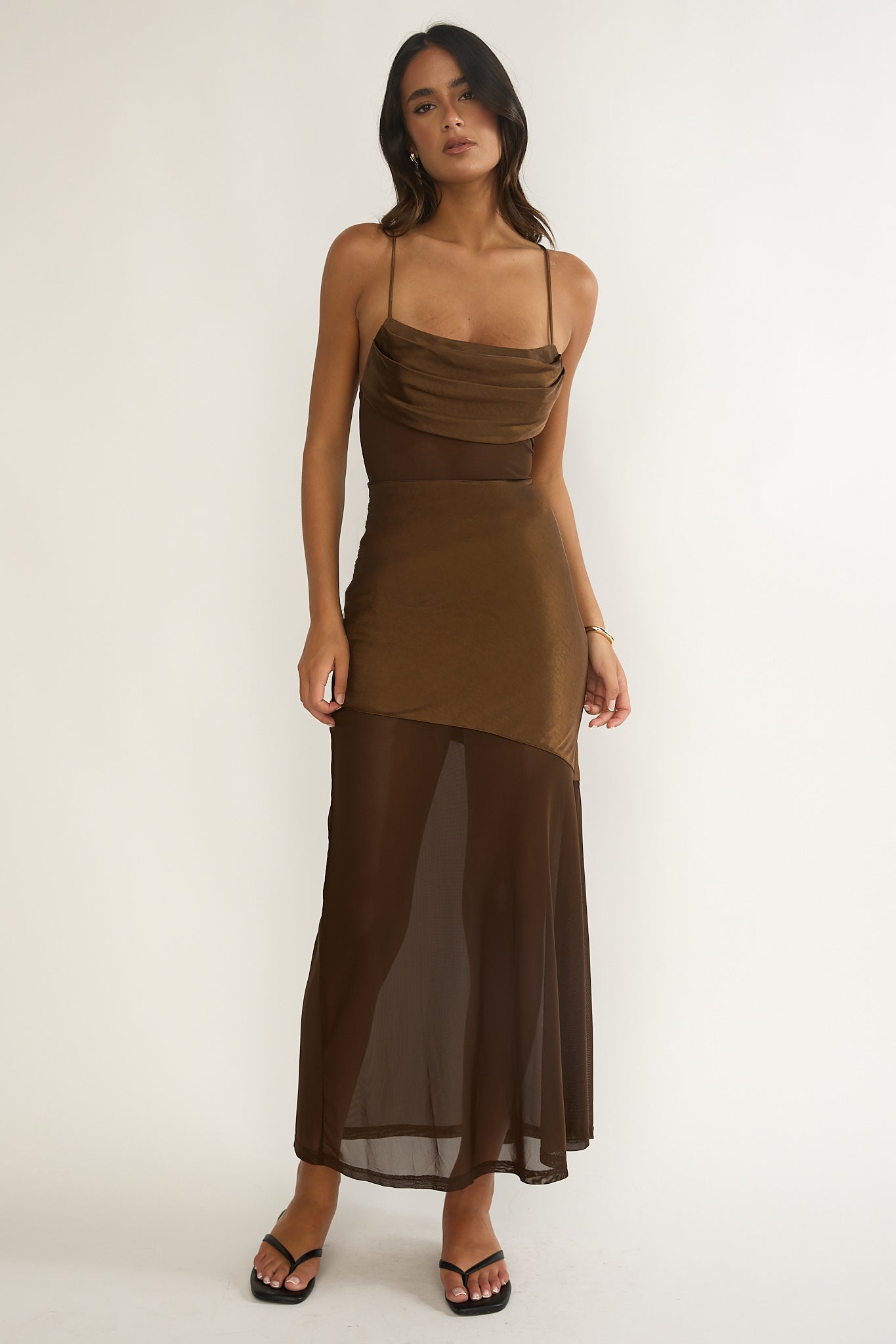 Golden Era Sheer Waist Maxi Dress Chocolate-Maymioy