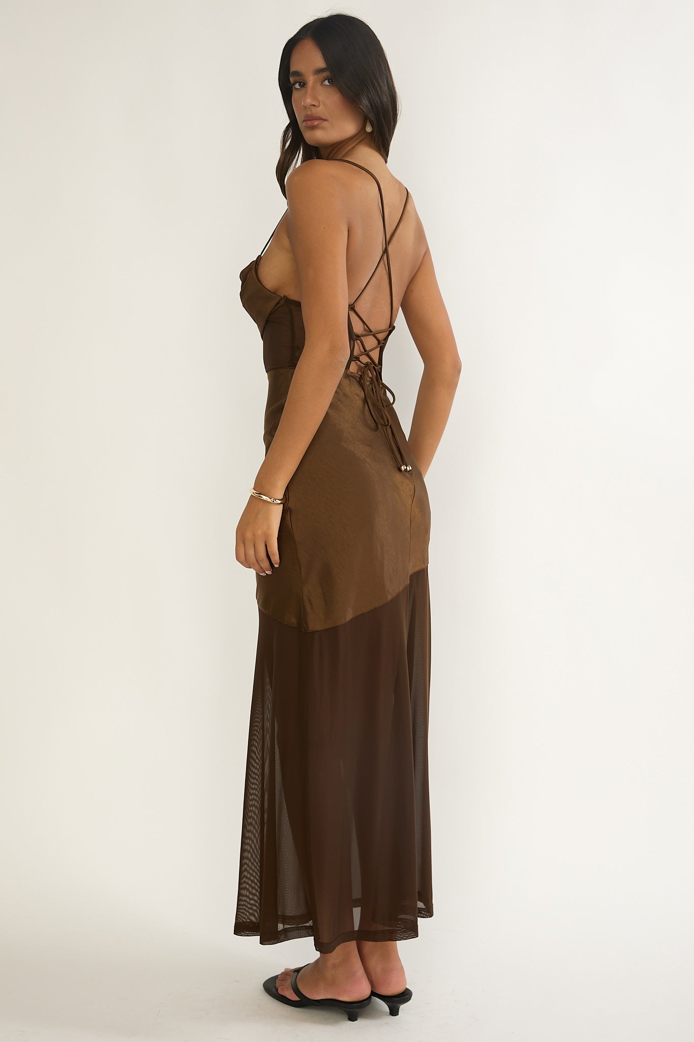 Golden Era Sheer Waist Maxi Dress Chocolate-Maymioy