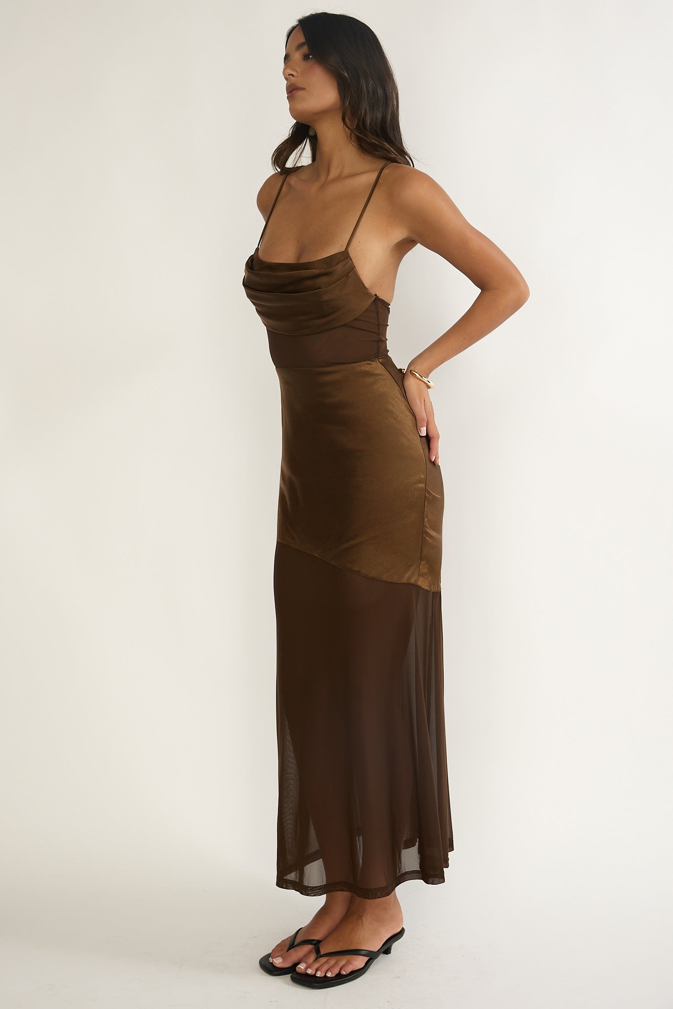 Golden Era Sheer Waist Maxi Dress Chocolate-Maymioy
