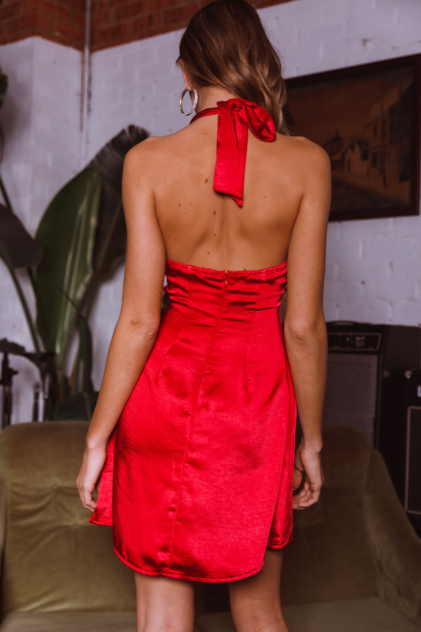 Falling Star Plunging Halterneck Mini Dress Red-Maymioy