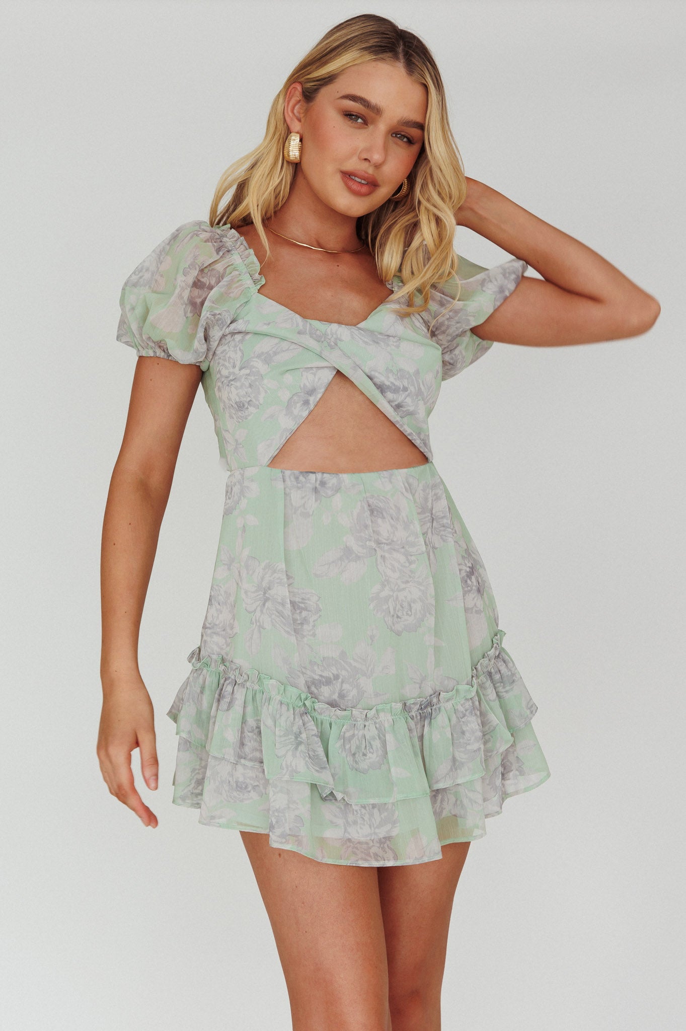 Sweet Nothings Puff Sleeve Twist Dress Floral Apple-Maymioy