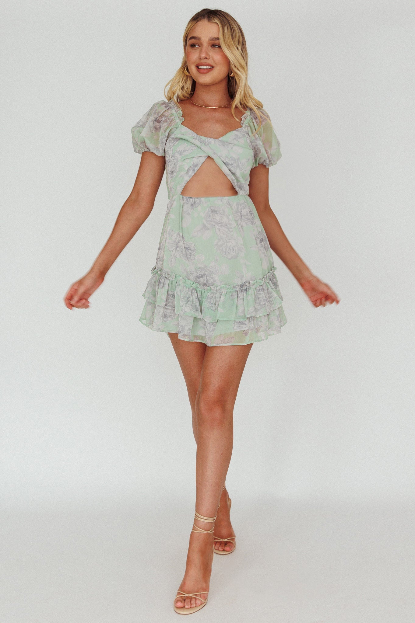 Sweet Nothings Puff Sleeve Twist Dress Floral Apple-Maymioy