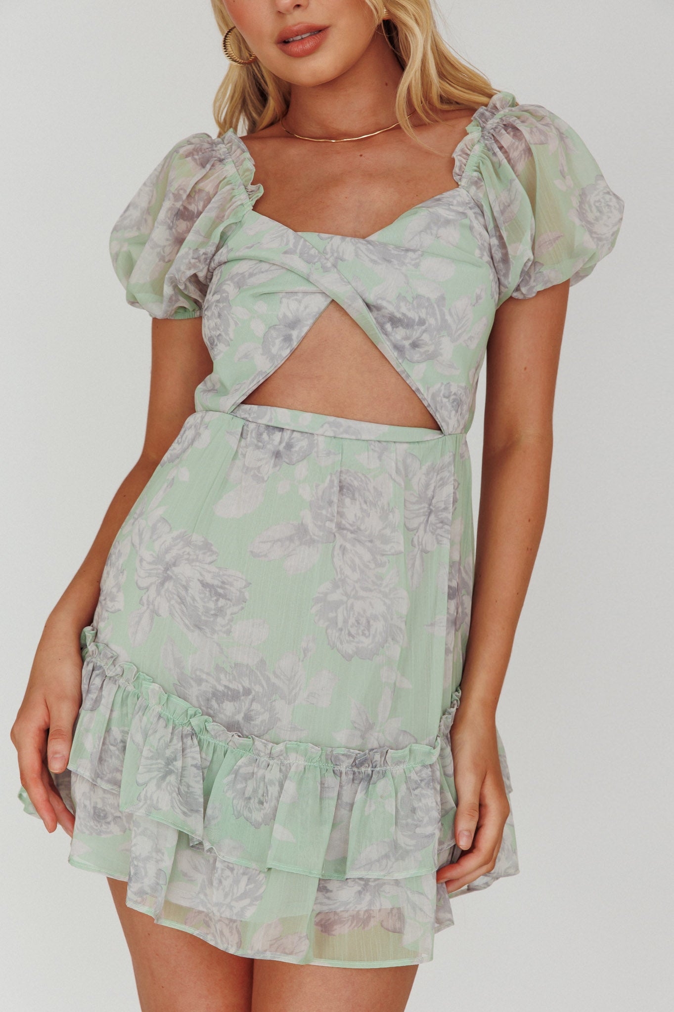 Sweet Nothings Puff Sleeve Twist Dress Floral Apple-Maymioy