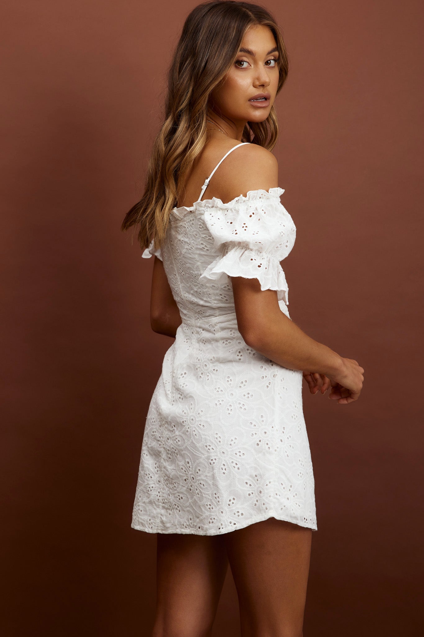 Toluca Puff Sleeve Frill Trim Eyelet Dress White-Maymioy