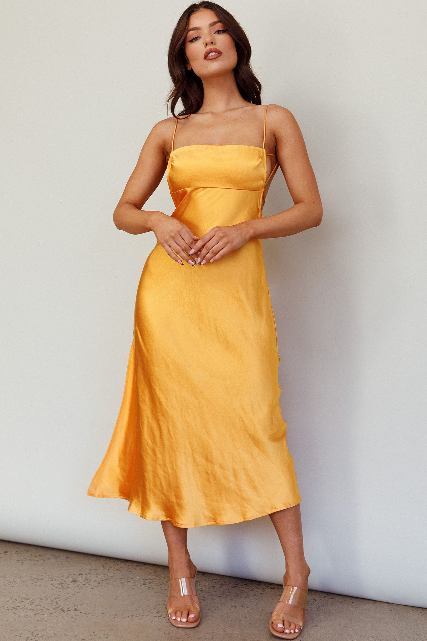 Dolce Life Low Back Midi Dress Orange-Maymioy