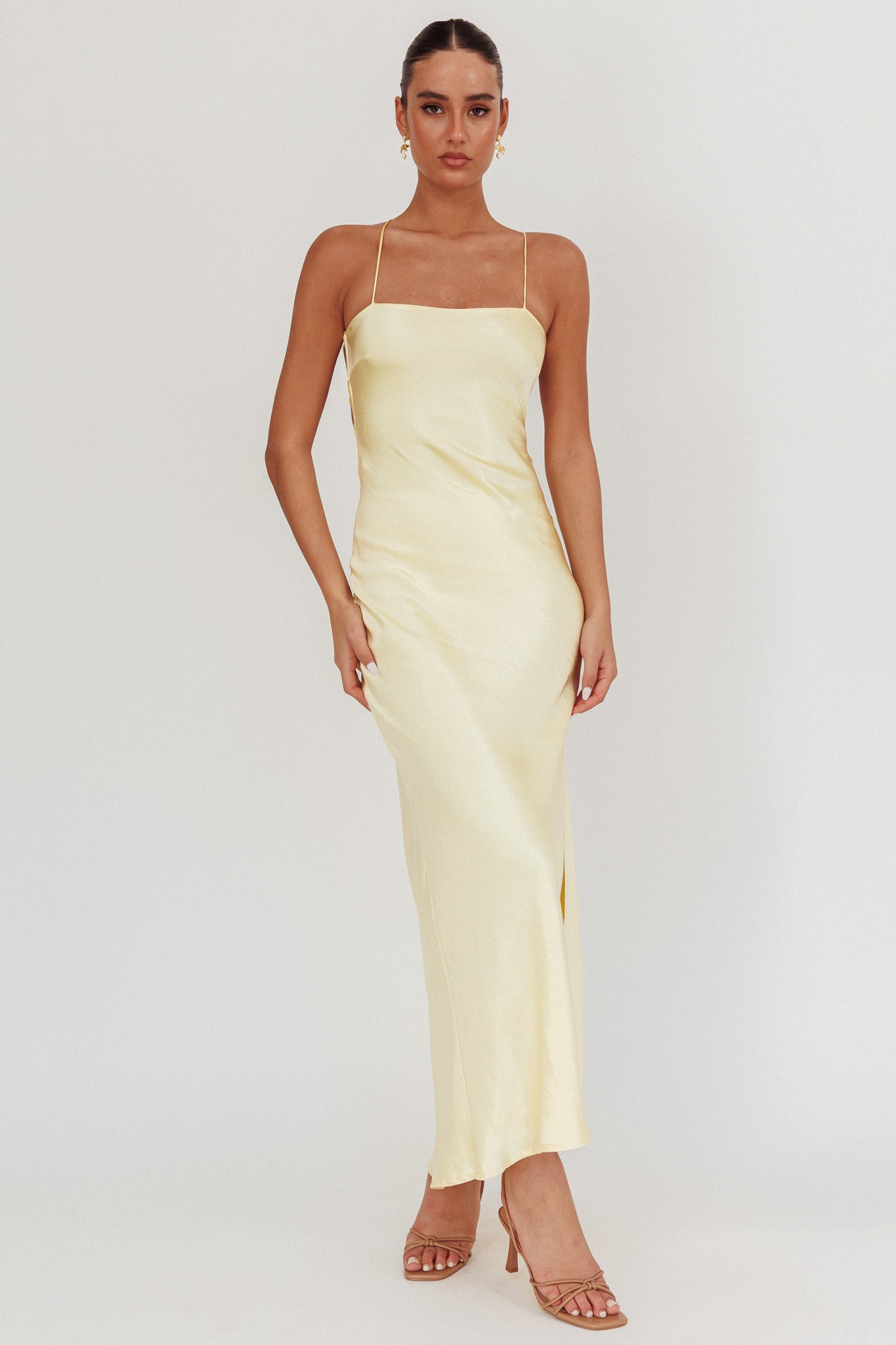 Dolce Life Backless Satin Maxi Dress Butter-Maymioy