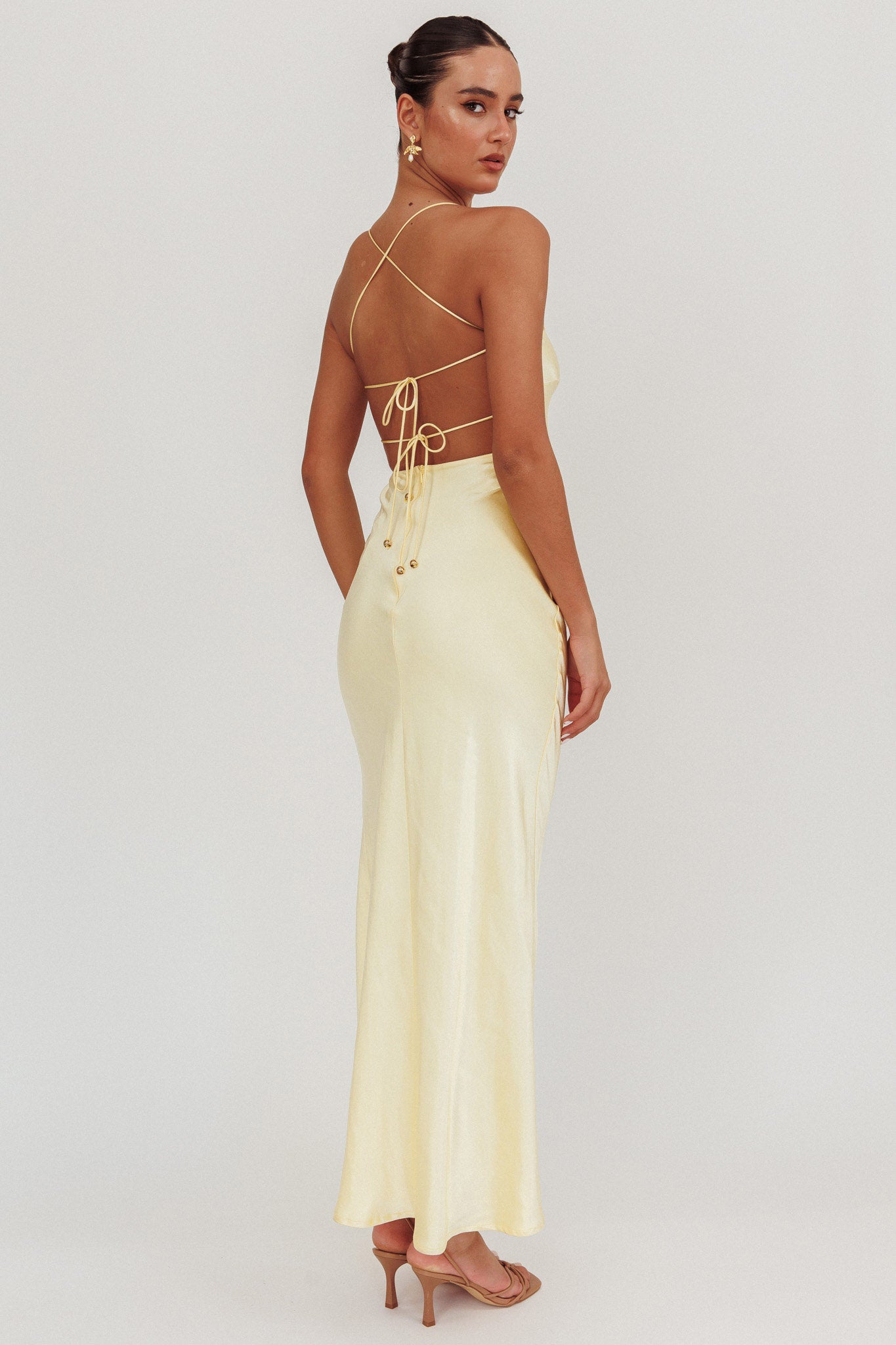 Dolce Life Backless Satin Maxi Dress Butter-Maymioy