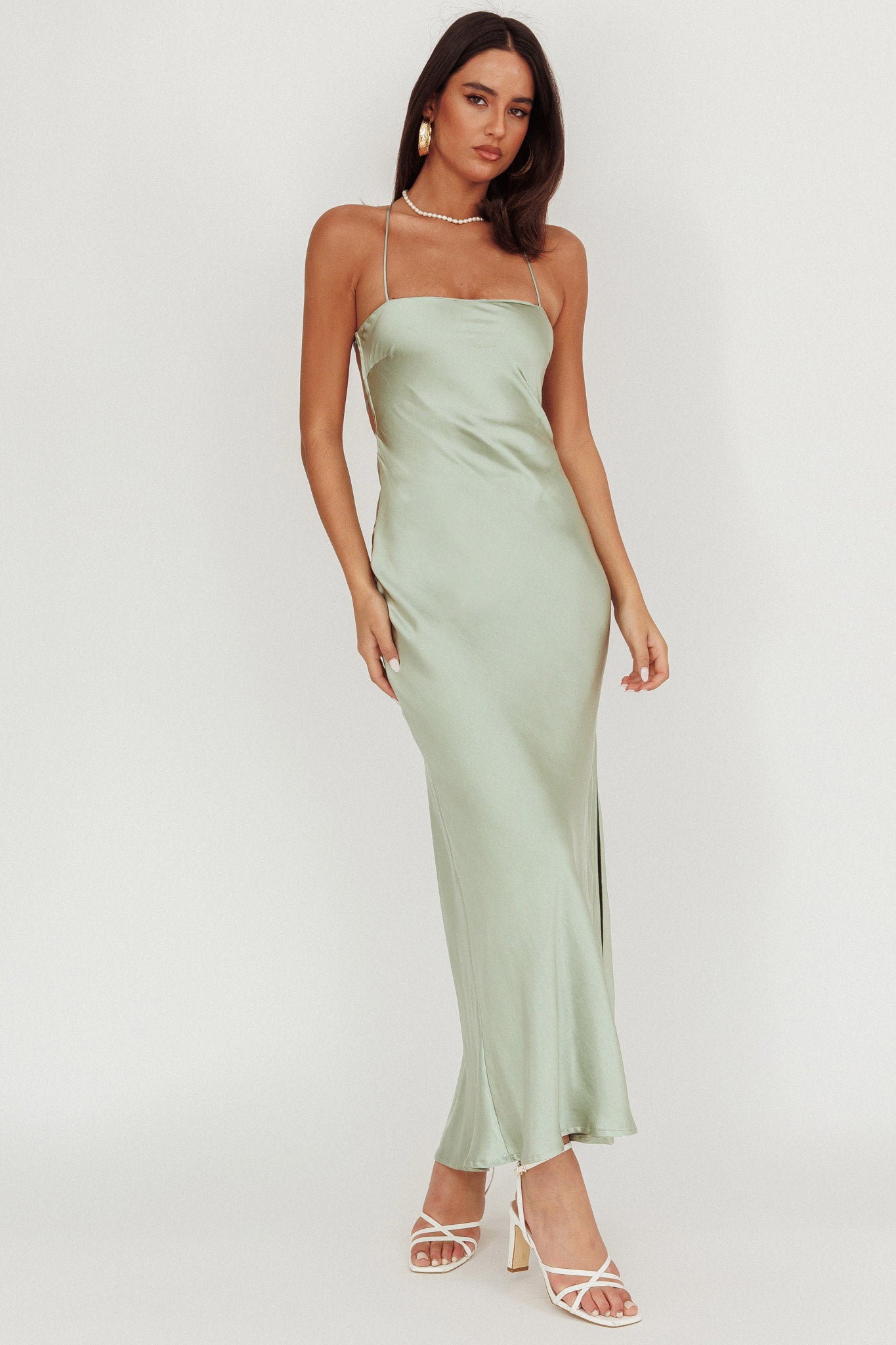 Dolce Life Backless Satin Maxi Dress Sage-Maymioy