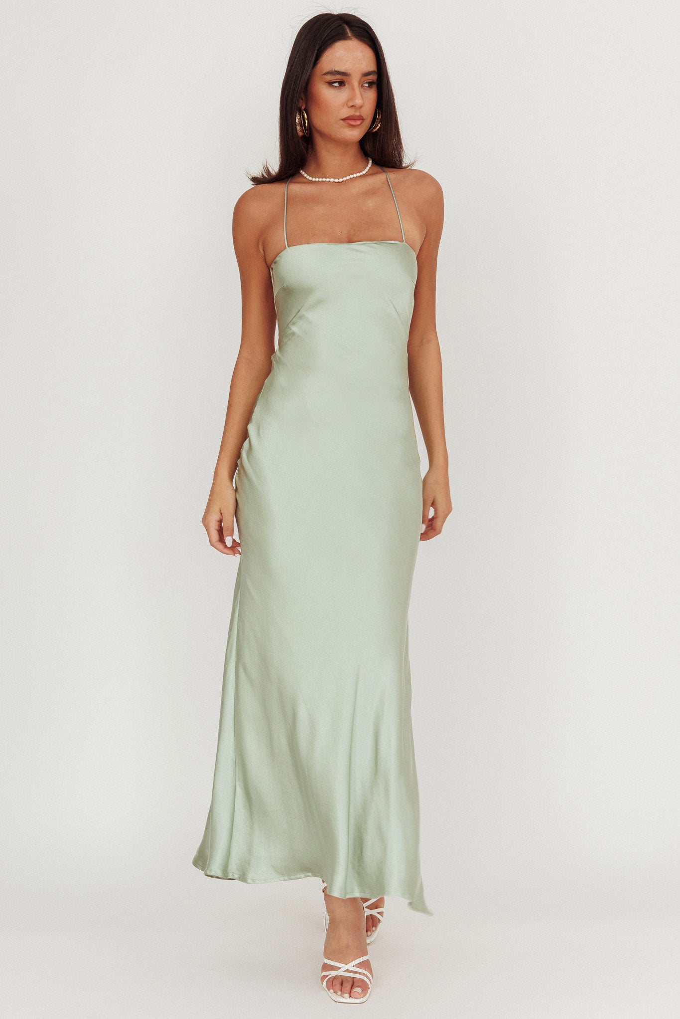 Dolce Life Backless Satin Maxi Dress Sage-Maymioy