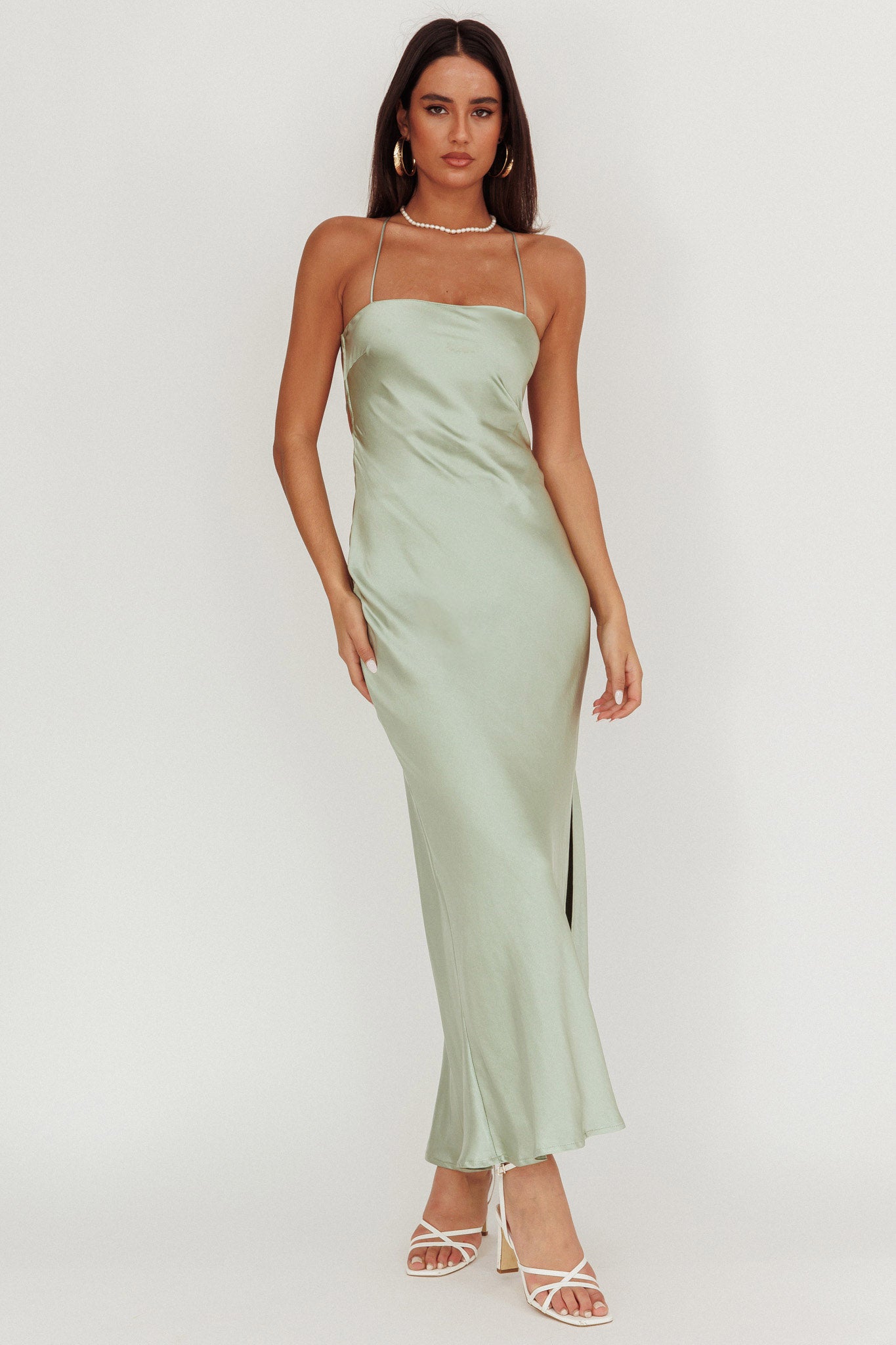 Dolce Life Backless Satin Maxi Dress Sage-Maymioy