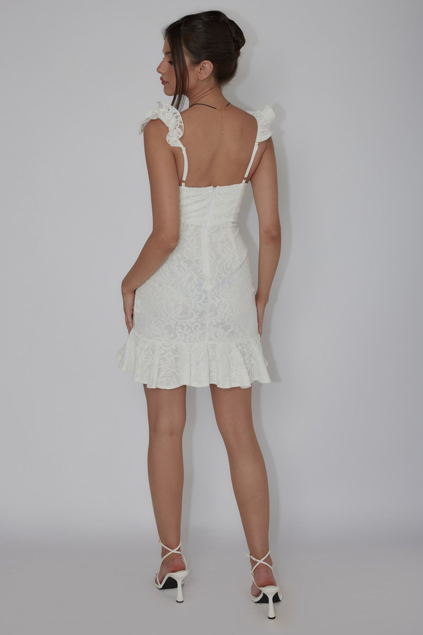 Kianna Ruffle Strap Lace Mini Dress White-Maymioy