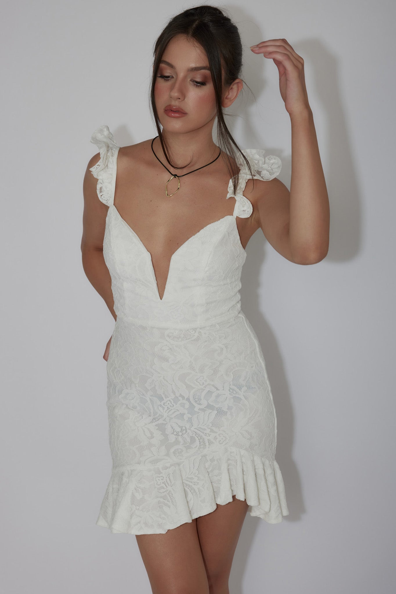Kianna Ruffle Strap Lace Mini Dress White-Maymioy