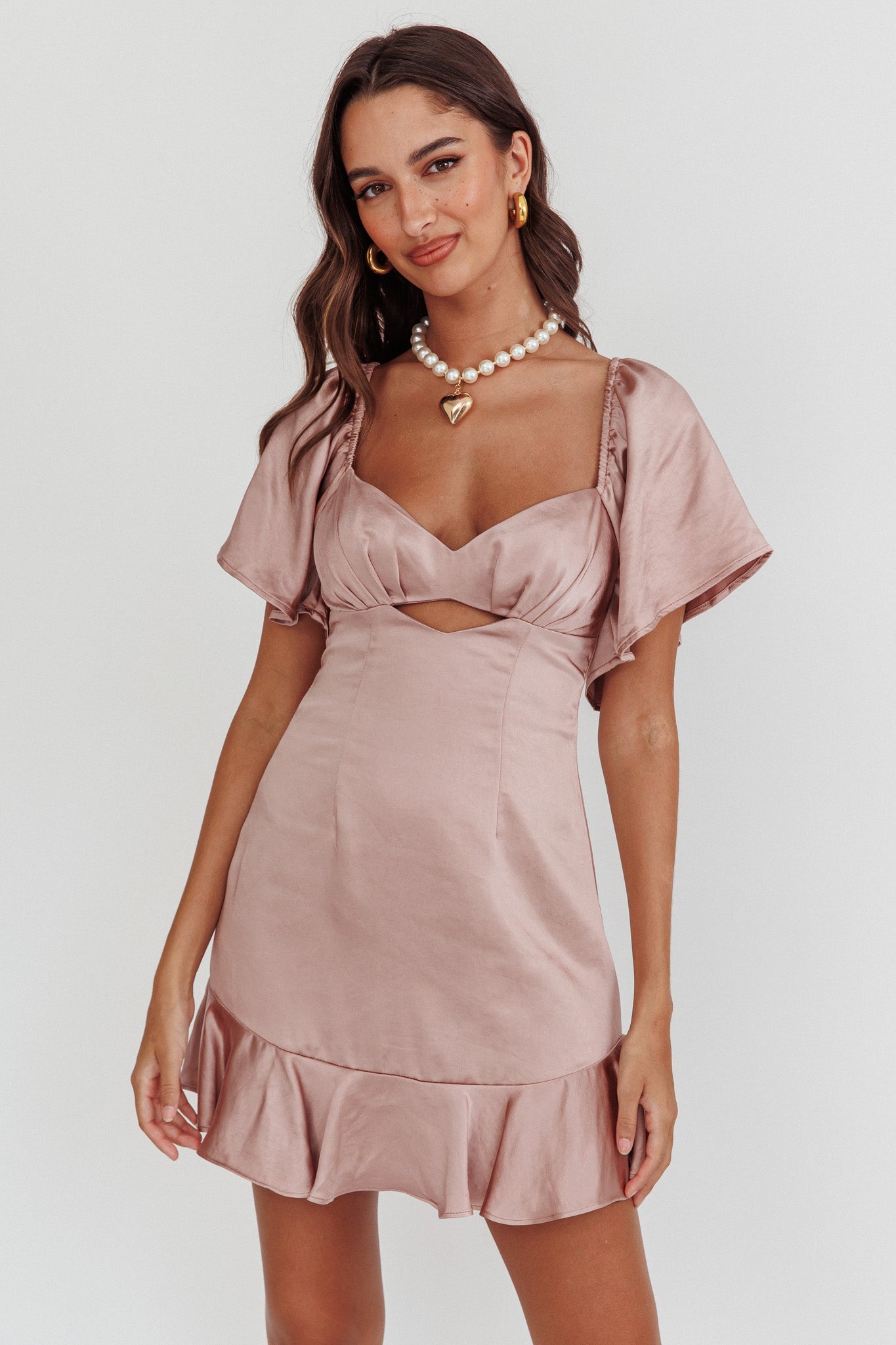 Eyes On You Pleated Bust Angel Sleeve Ruffle Hem Dress Blush-Maymioy