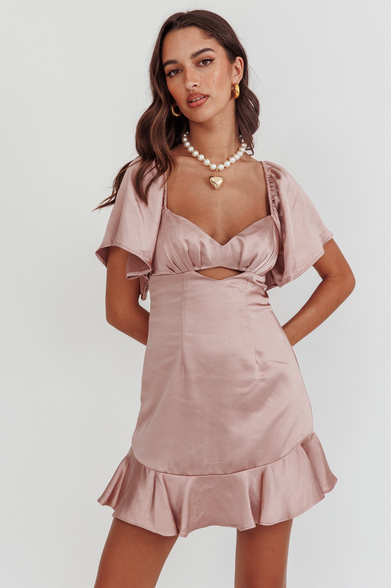Eyes On You Pleated Bust Angel Sleeve Ruffle Hem Dress Blush-Maymioy