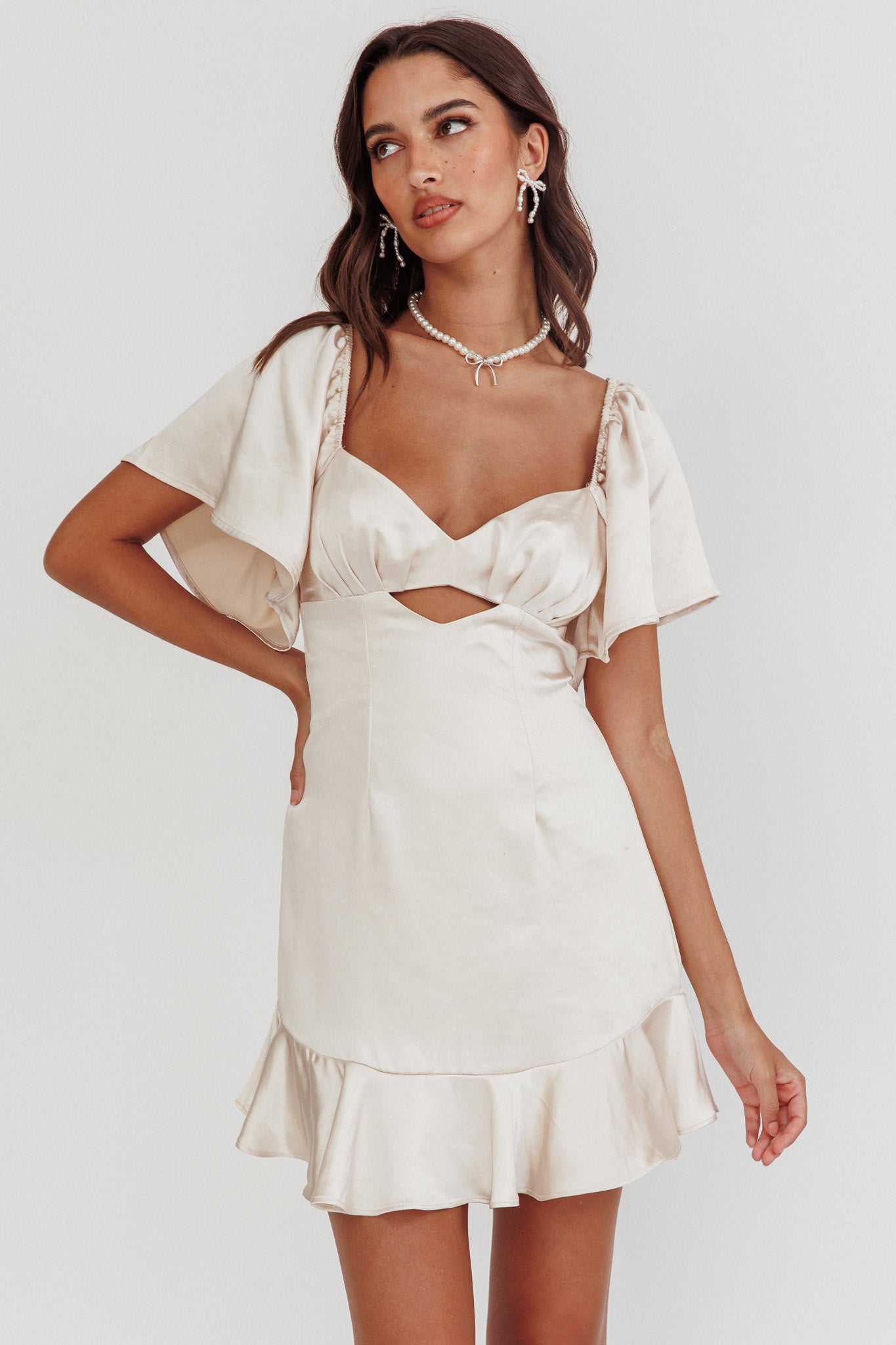 Eyes On You Pleated Bust Angel Sleeve Ruffle Hem Dress Champagne-Maymioy