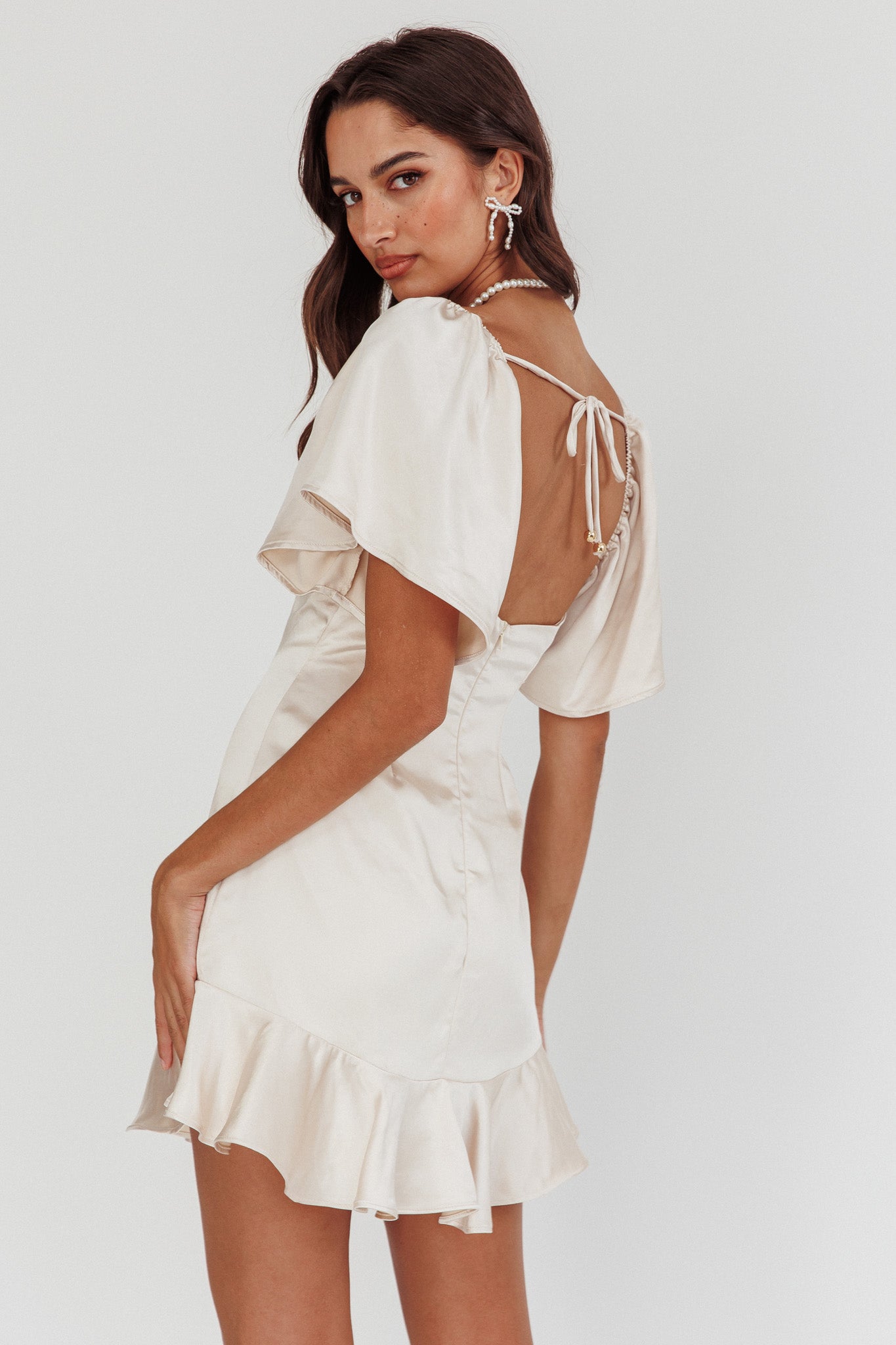 Eyes On You Pleated Bust Angel Sleeve Ruffle Hem Dress Champagne-Maymioy