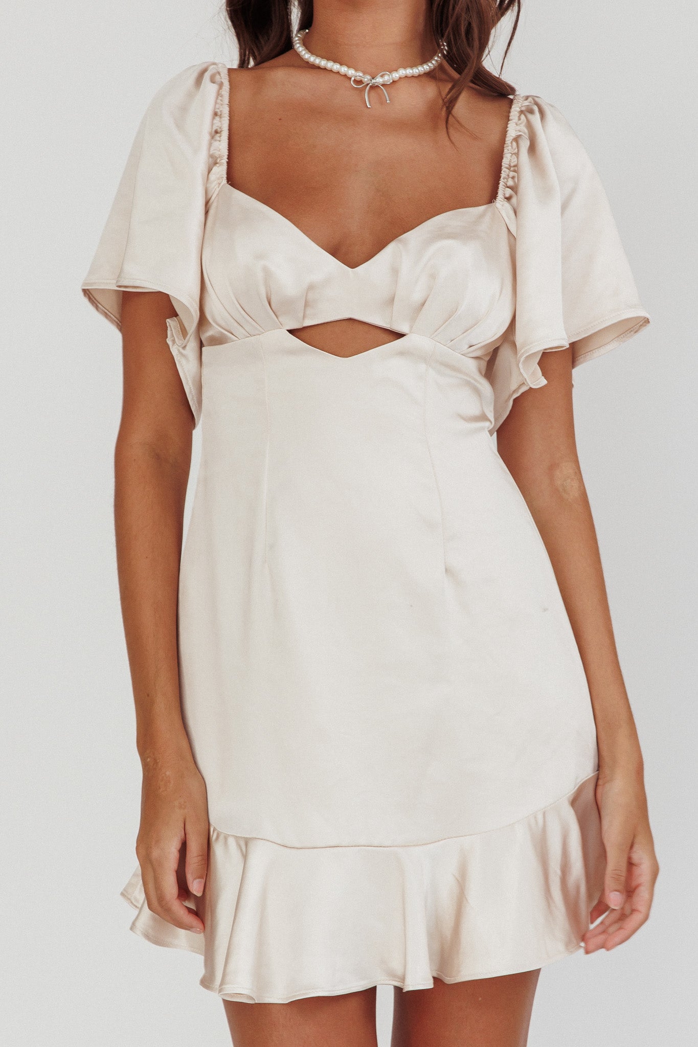 Eyes On You Pleated Bust Angel Sleeve Ruffle Hem Dress Champagne-Maymioy