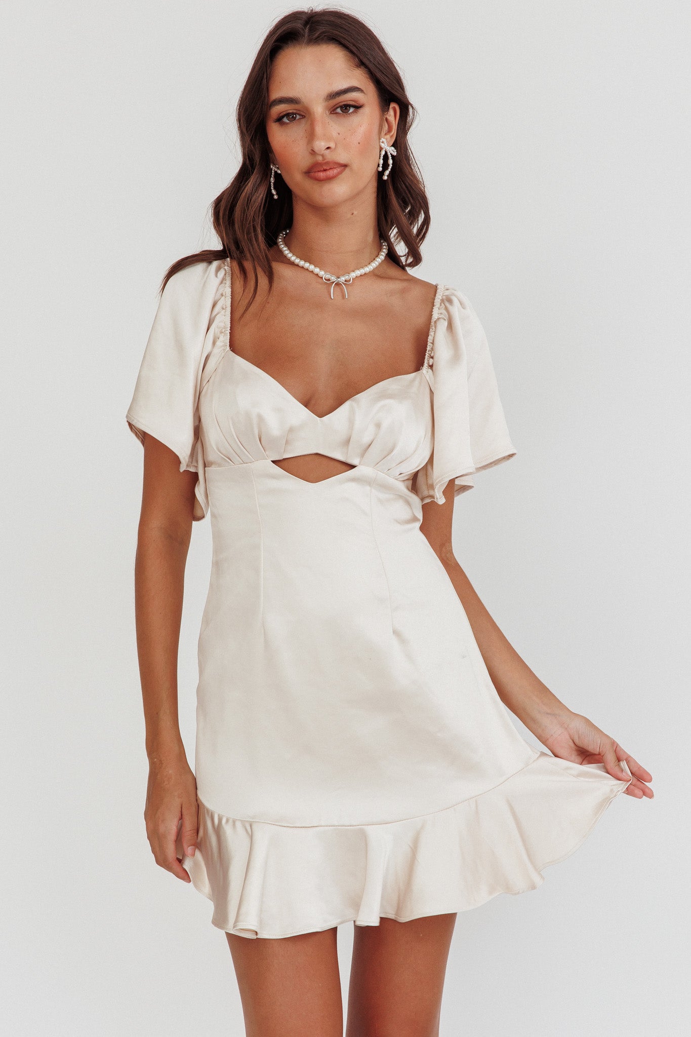 Eyes On You Pleated Bust Angel Sleeve Ruffle Hem Dress Champagne-Maymioy
