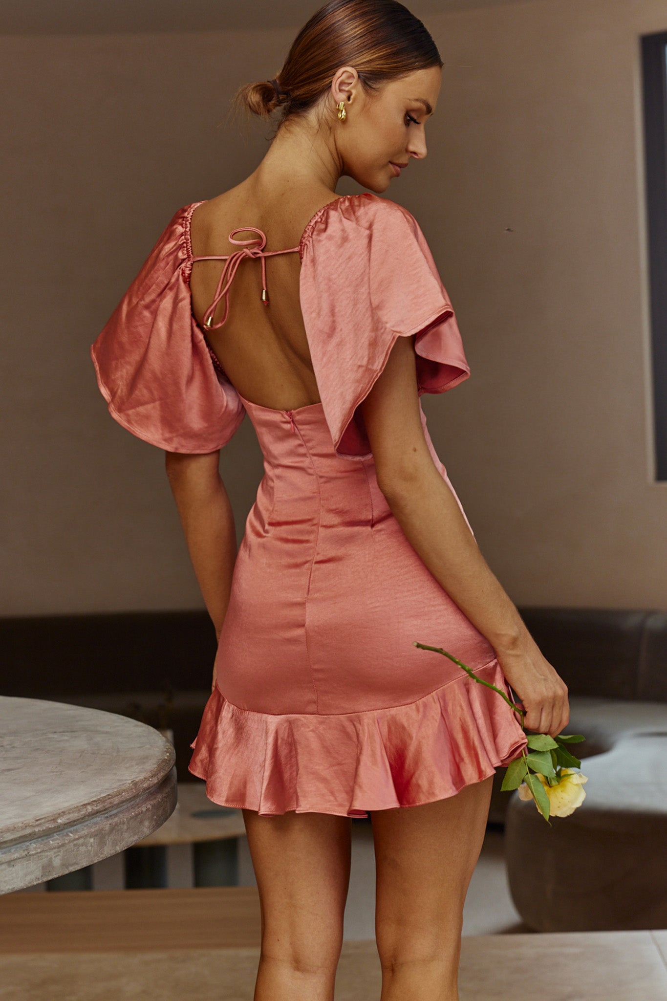 Eyes On You Pleated Bust Angel Sleeve Ruffle Hem Dress Rose-Maymioy