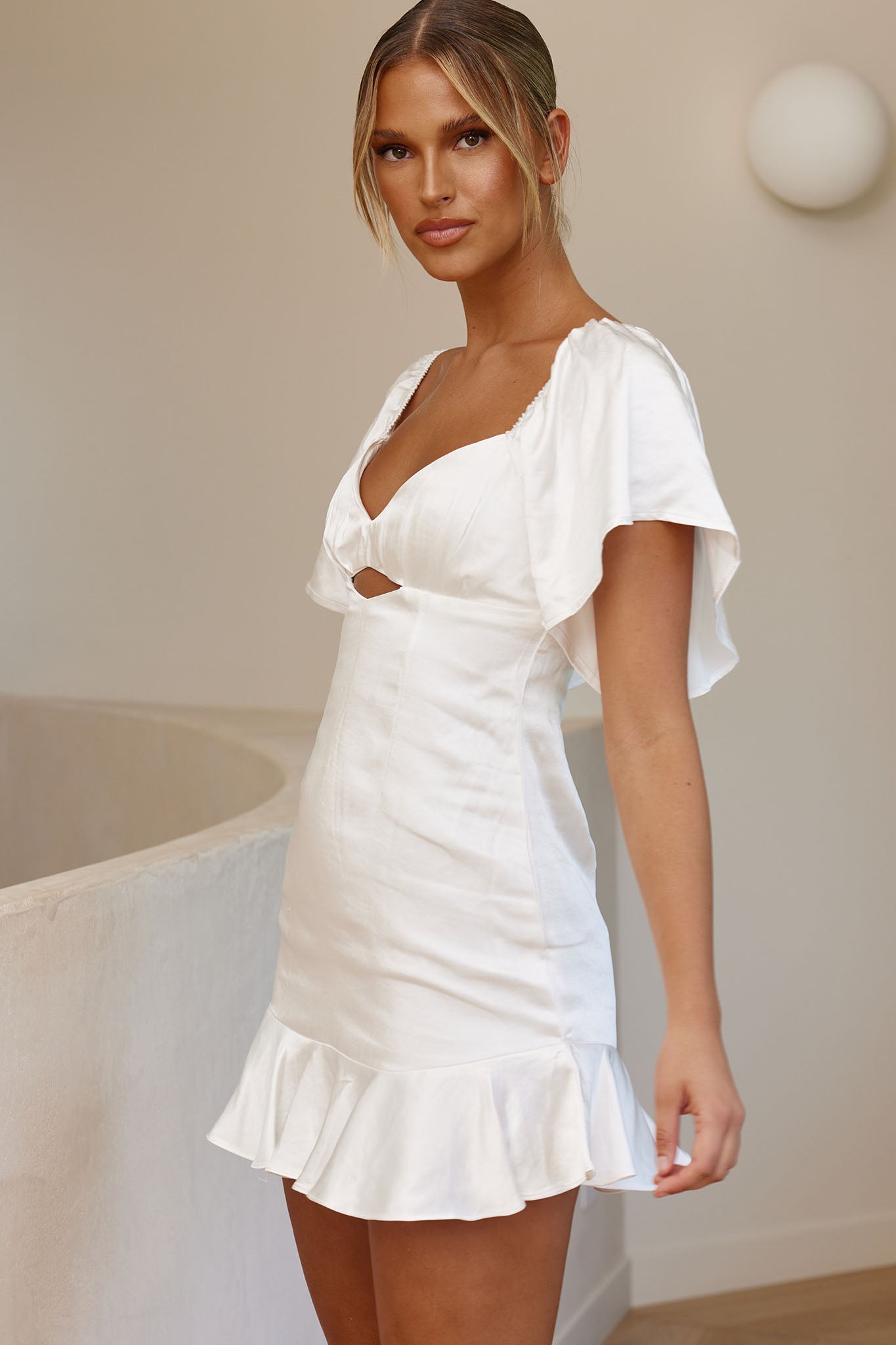 Eyes On You Pleated Bust Angel Sleeve Ruffle Hem Dress White-Maymioy