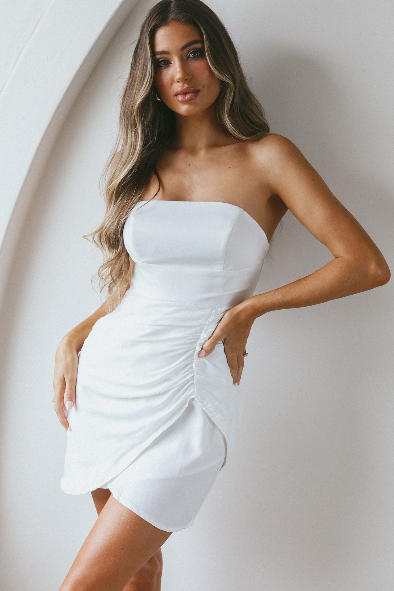 Siobhan Strapless Mini Dress Forest White-Maymioy