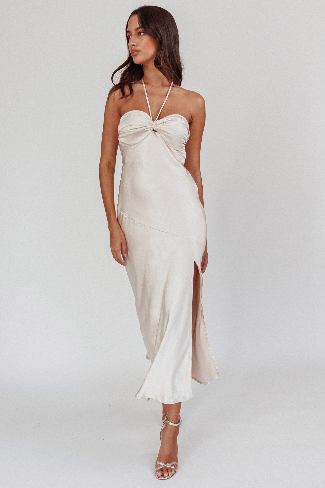 Kindred Spirit Strapless Gathered Bust Midi Dress Champagne-Maymioy